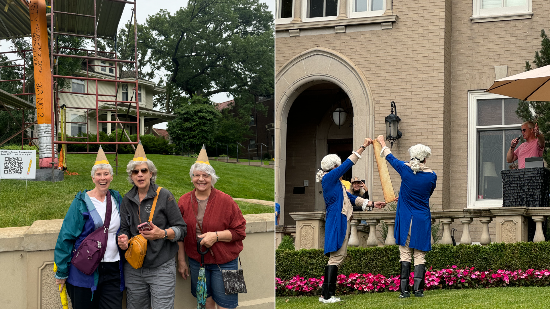 Three women with pencil tip hats standing in front of a statue of a giant pencil.