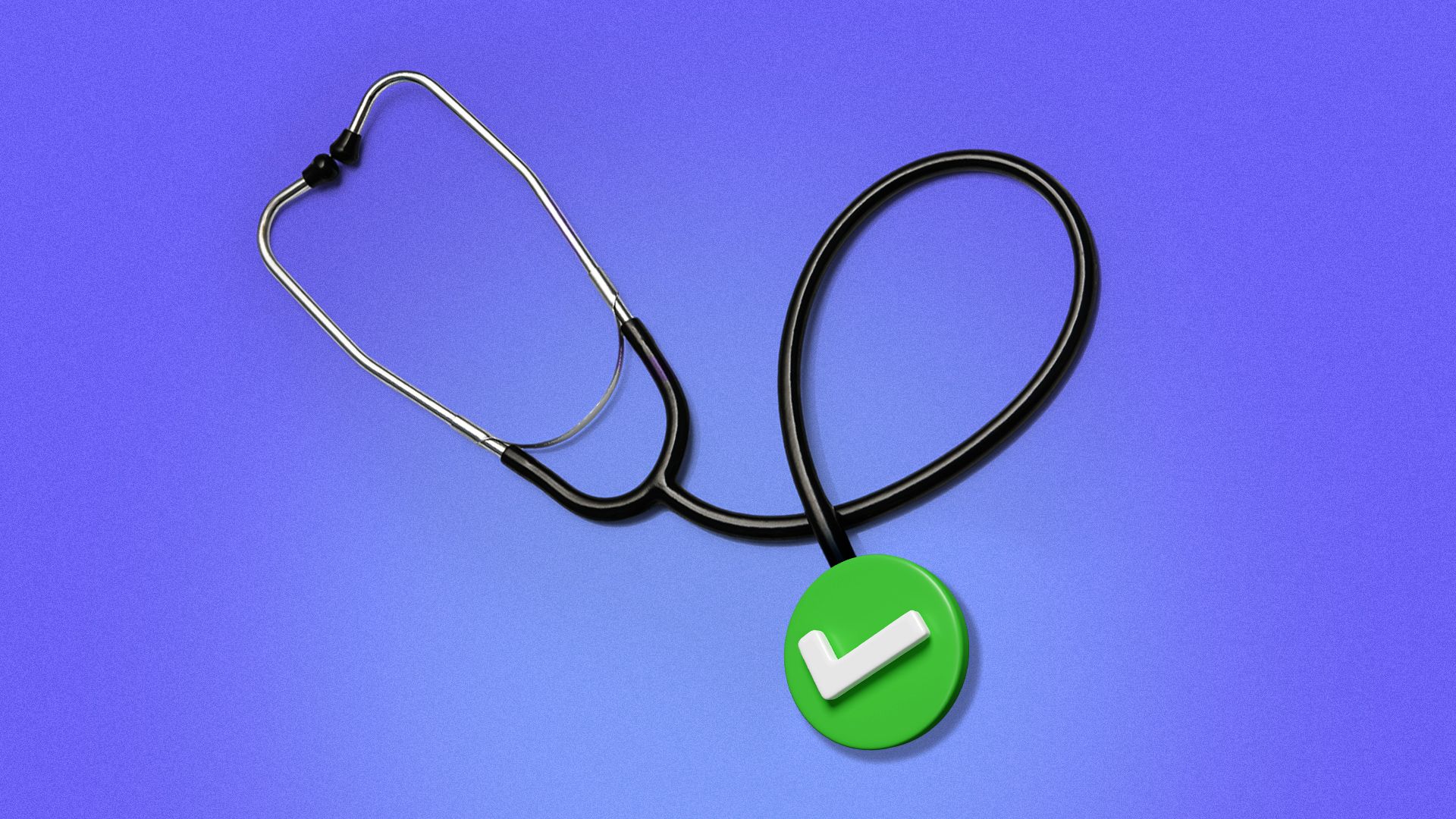 Illustration of a stethoscope with a green checkmark seal at the end of it.