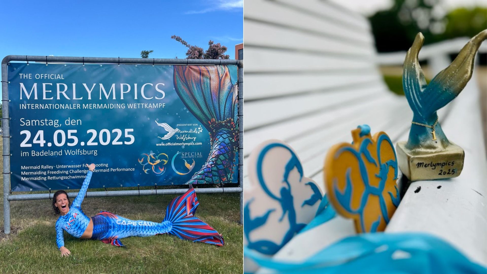A woman in a mermaid tail poses in front of a sign for the 2025 Merlympics on May 24, 2025. Another photo shows a trophy shaped like a tail adorned by a gold necklace with a "1" pendant.