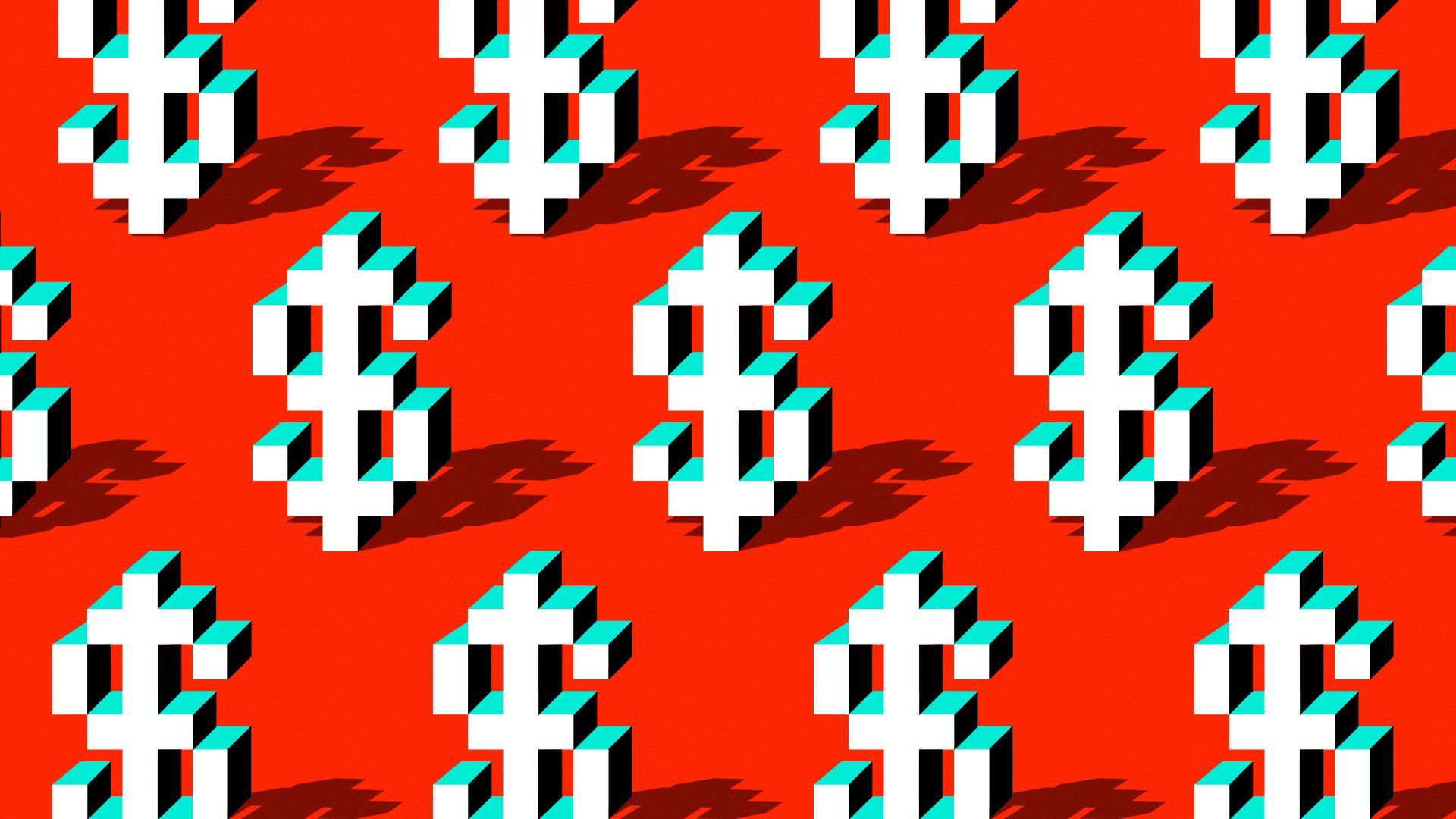 Illustration of a pattern of 3D pixel style dollar bill signs. 