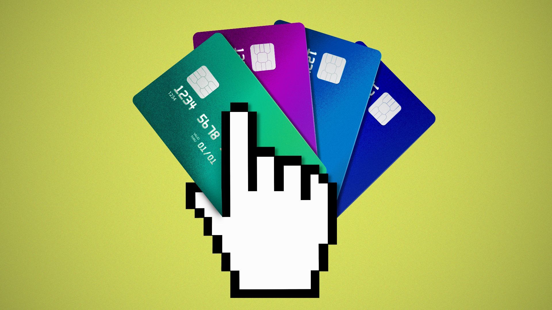 Illustration of a hand cursor holding four credit cards.