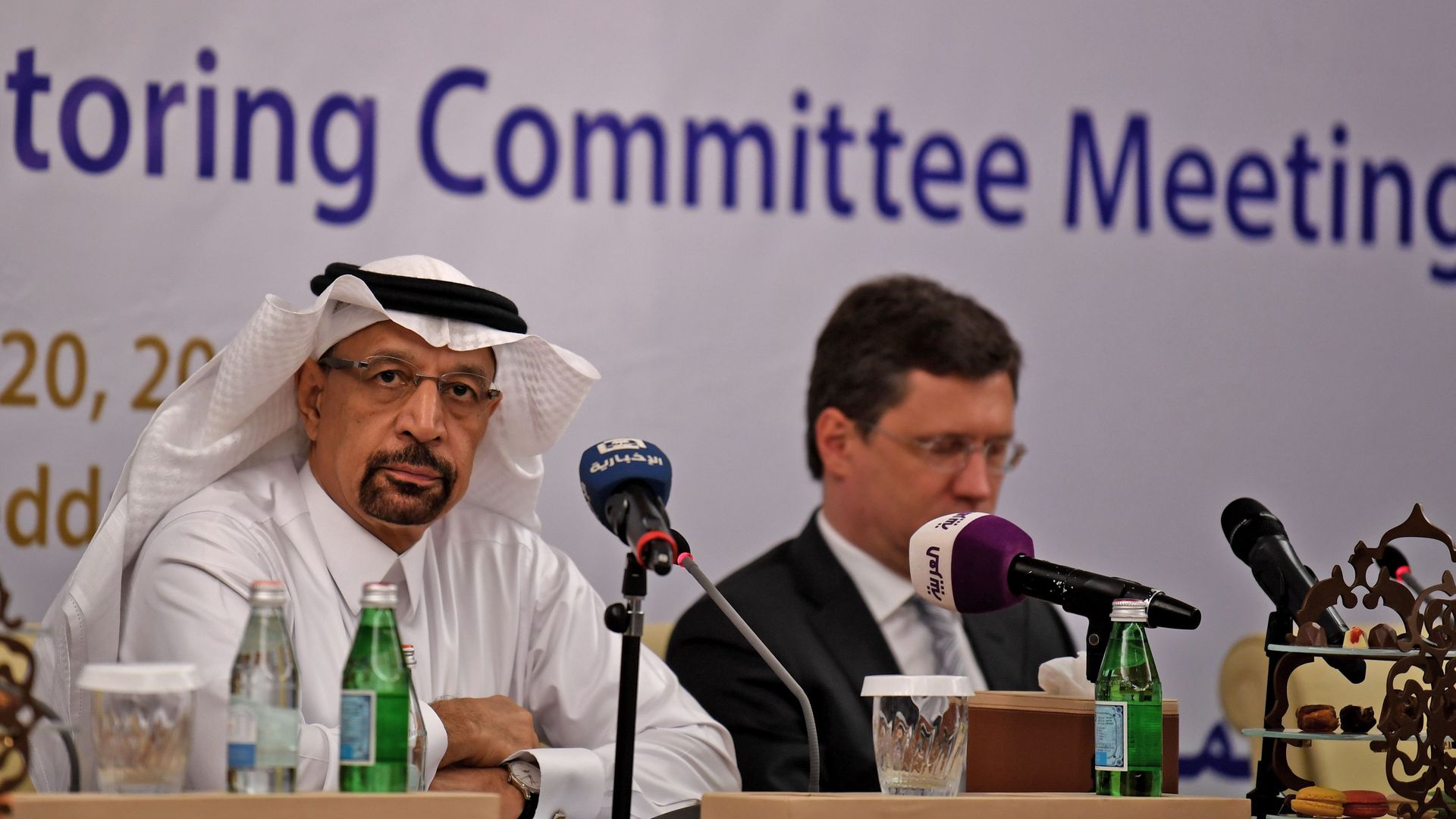 Saudi Energy Minister Khaled al-Faleh and Russian Energy Minister Alexander Novak attend a meeting of OPEC and non-OPEC members on April 20, 2018. 