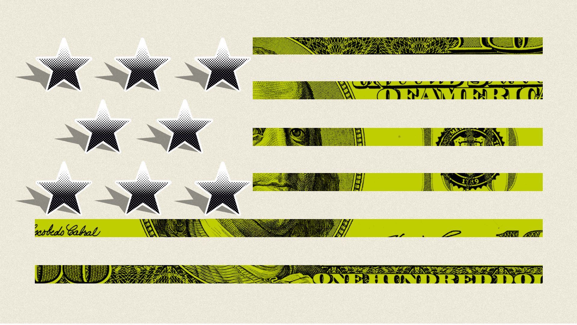 Illustration of a U.S.-like flag with stars and stripes made out of a hundred dollar bill