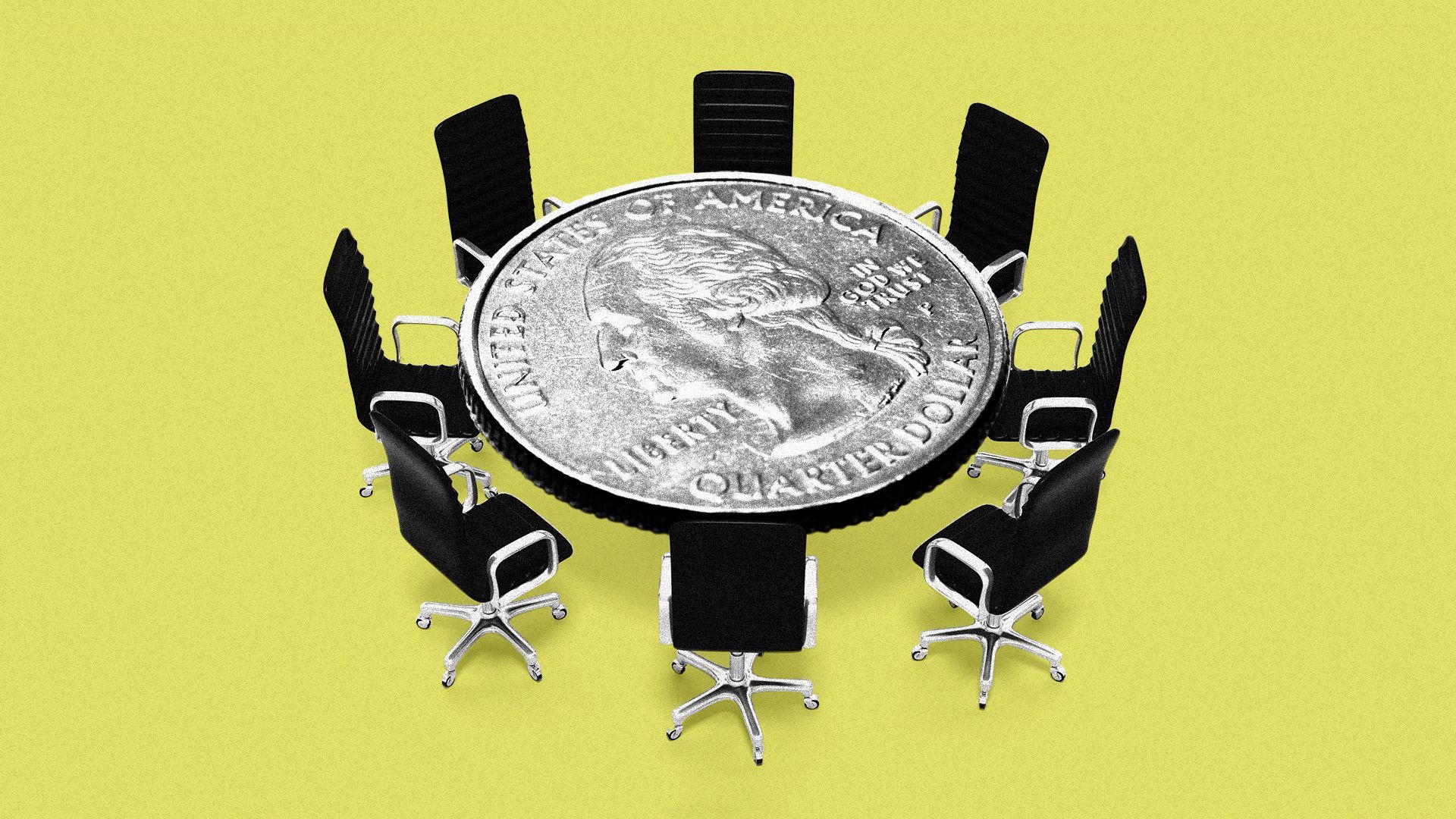 Illustration of a circle of office chairs around a large quarter