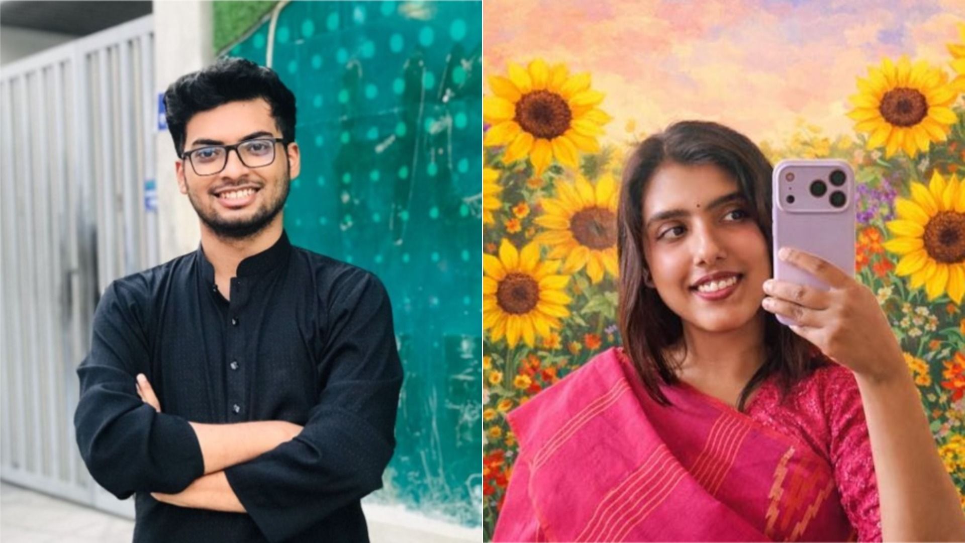 Split image: left shows a smiling man with glasses in a black kurta, arms crossed, teal backdrop. Right shows a woman in a pink saree taking a selfie with a purple phone among sunflowers.