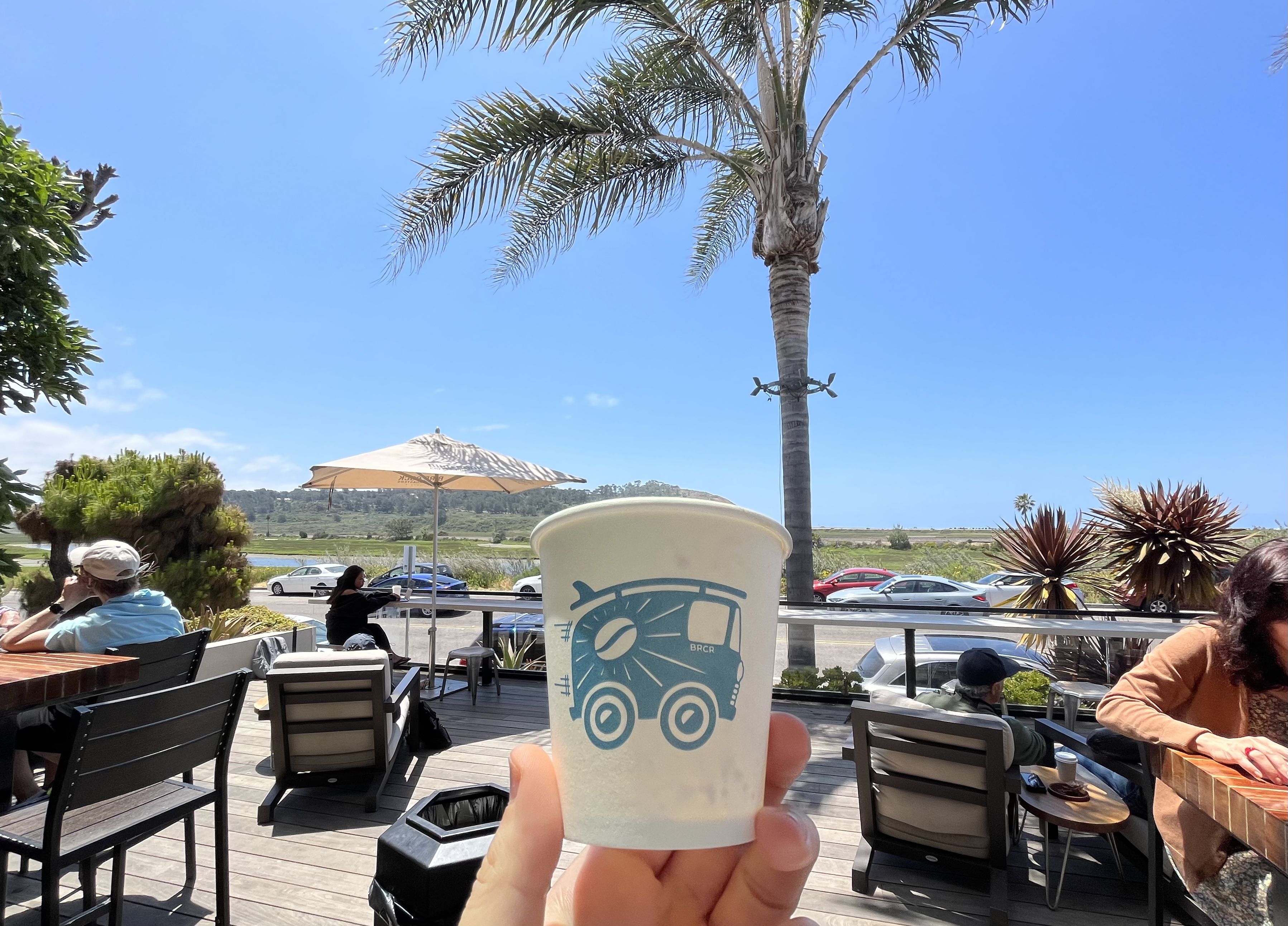 A hand holds up a white coffee cup on an outside patio with palm trees and a lagoon in the background.