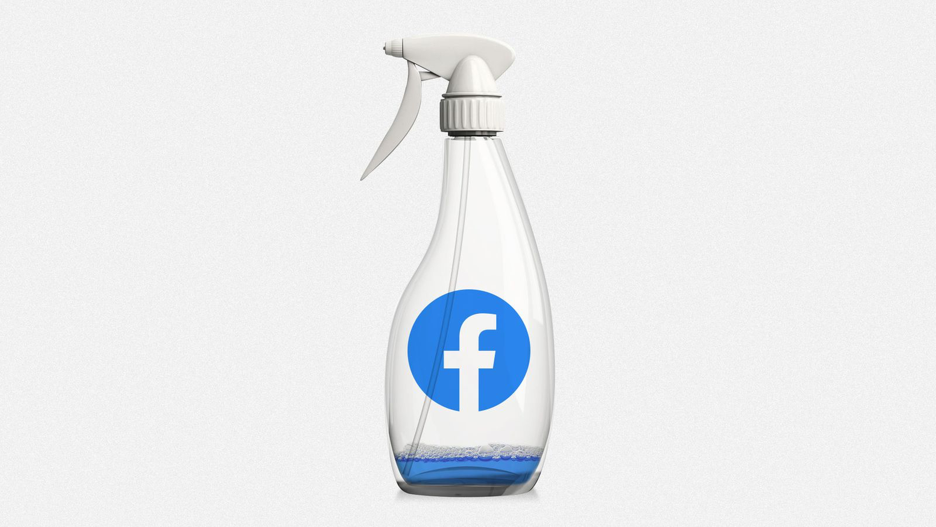 Illustration of a nearly-empty bottle of cleaning solution with the Facebook logo on it.