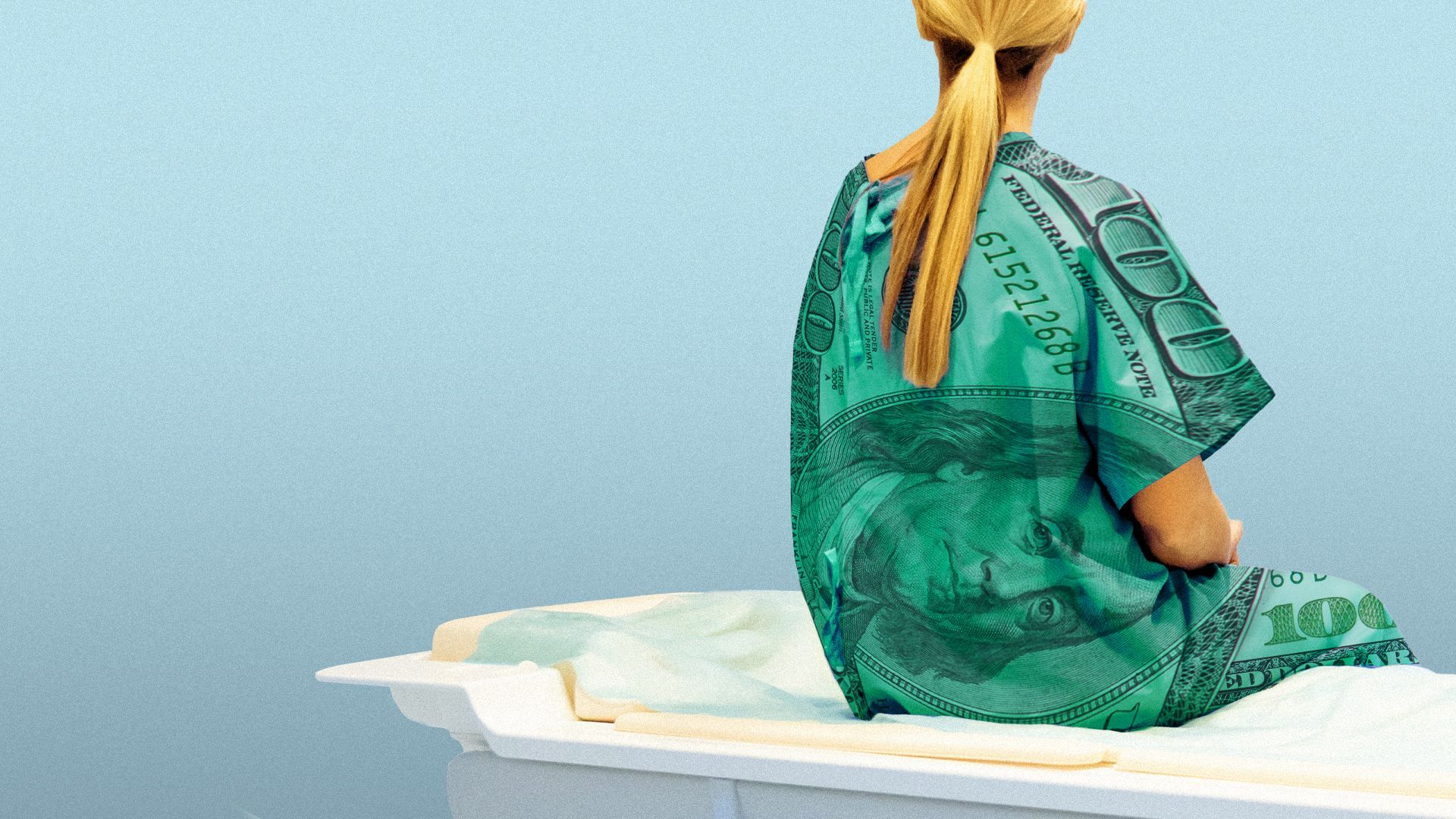 Illustration of a woman in a hospital gown made from a one hundred dollar bill sitting on an examination bed.