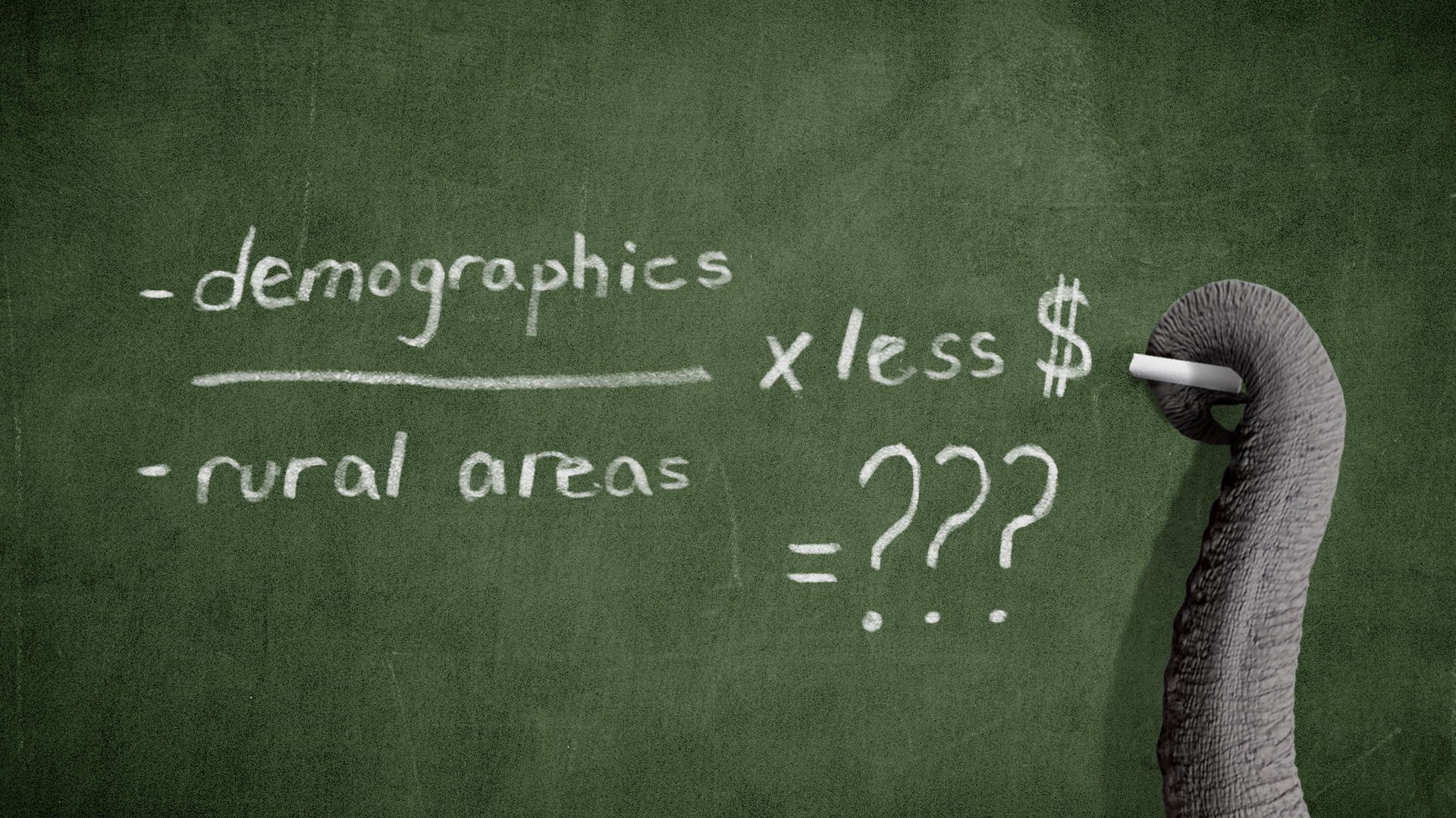 Illustration of an elephant trunk writing a math equation on chalkboard 