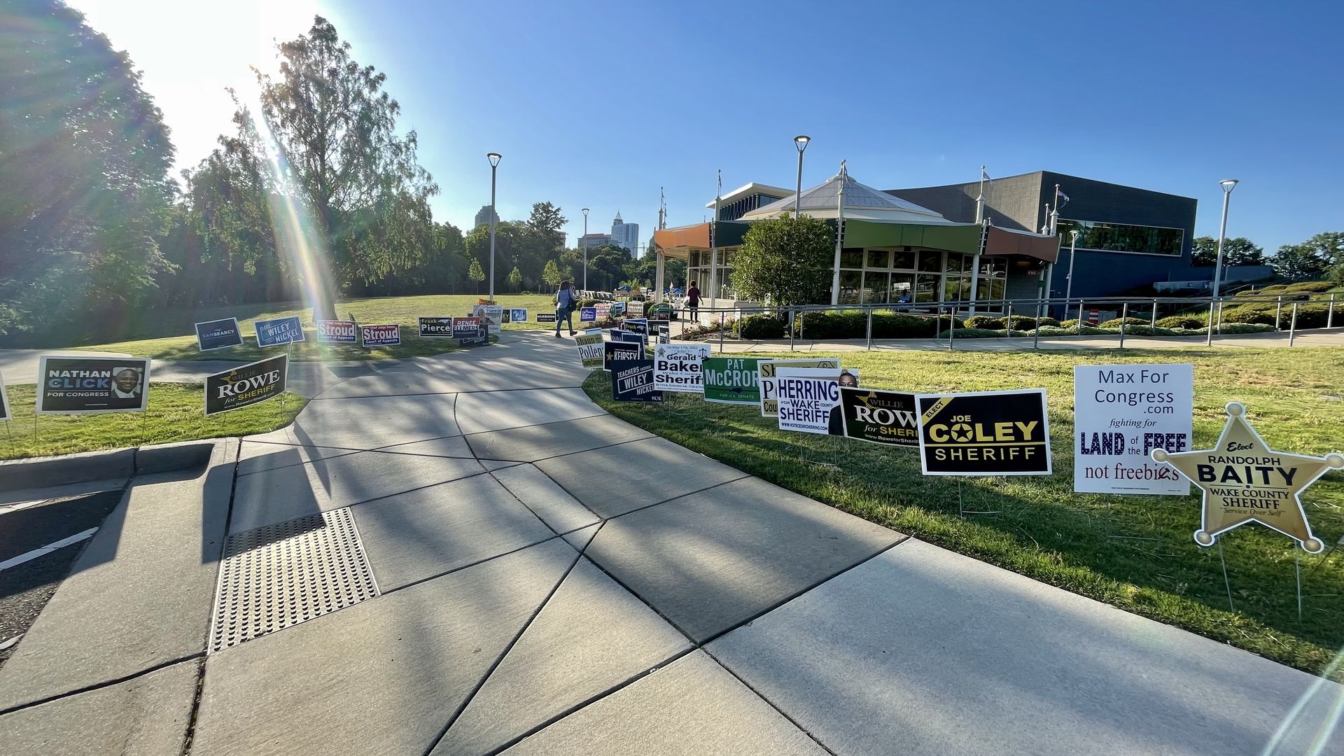 Dozens of campaign signs outside a Raleigh polling place