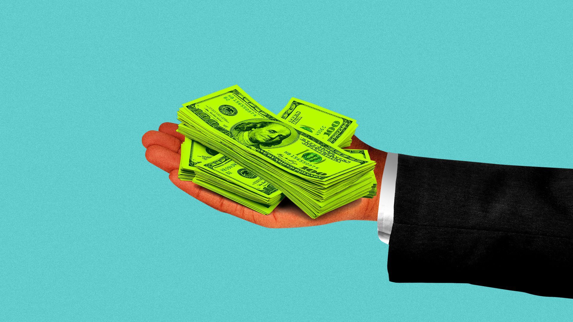 Illustration of a hand carrying stacks of money