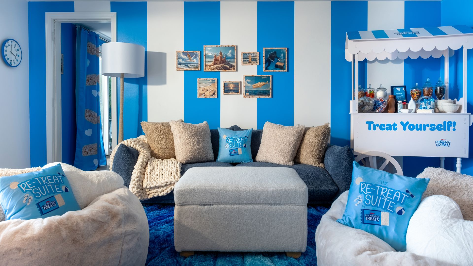 The living room of a Rice Krispies themed hotel room on Cape Cod, called the "Re-Treat Suite."