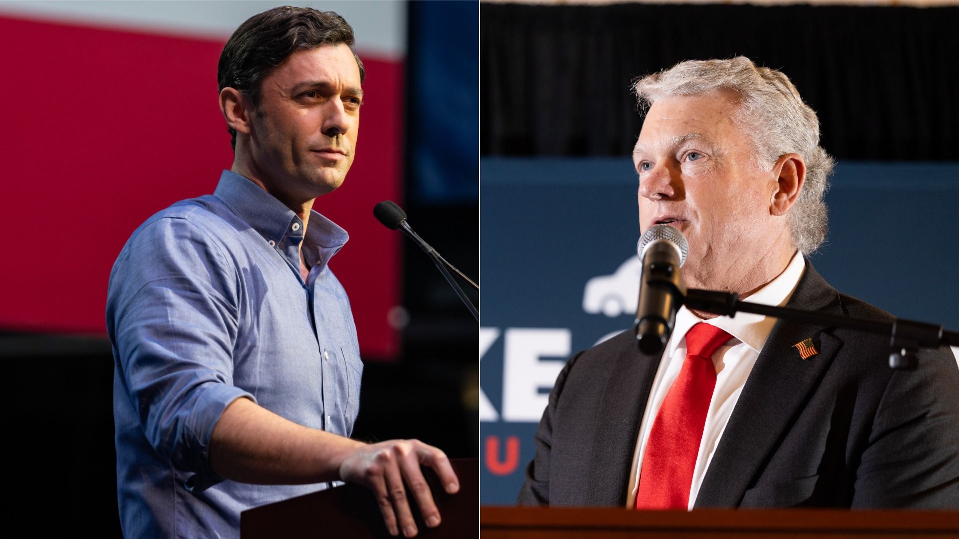 A side-by-side image of two men. On the left the man wears a light blue collared shirt with the sleeves rolled up his arms and stands before a microphone. The man on the right wears a red tie, white collared shirt and black sports jacket and also speaks into the microphone.