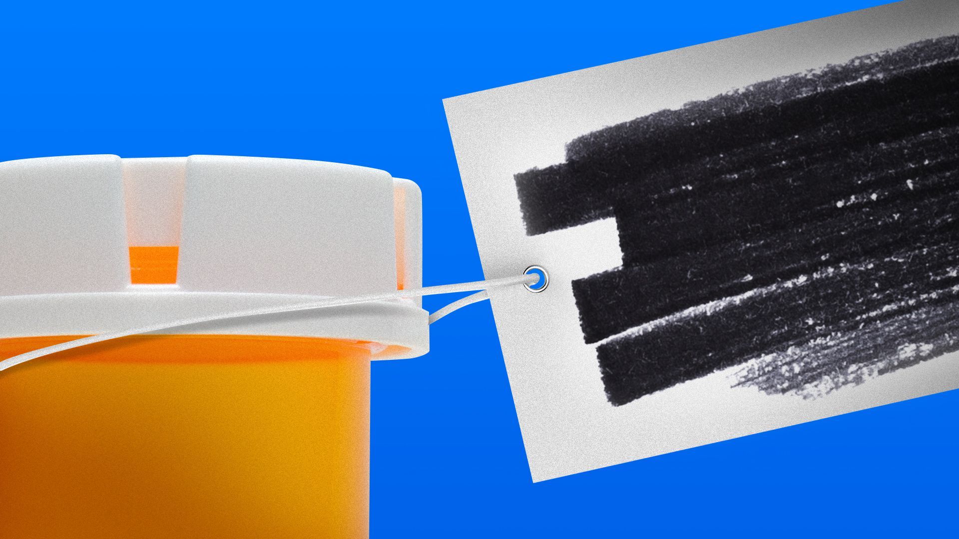 Illustration of a close up of a blacked out price tag on a prescription pill bottle.