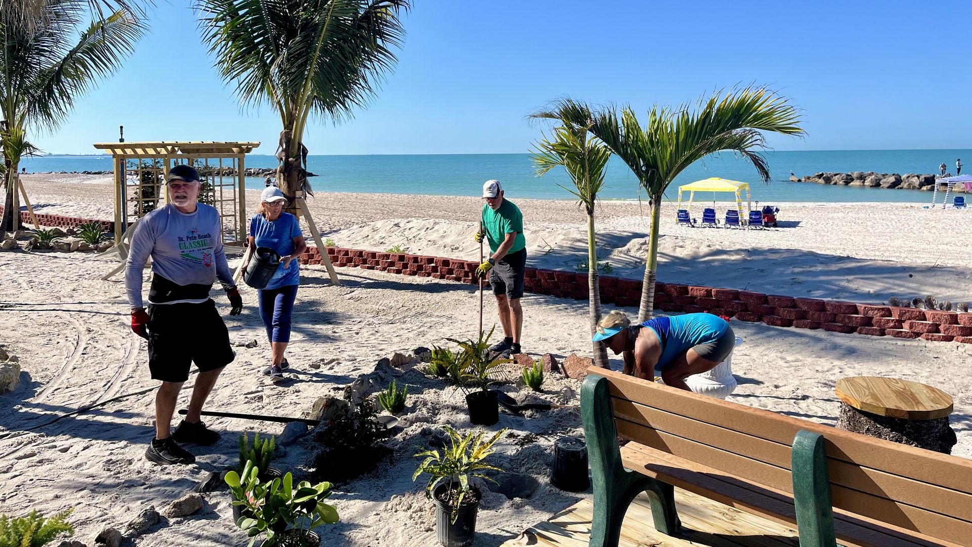 A group of people planting and raking in a sandy garden with a beach and cerulean water in the background.