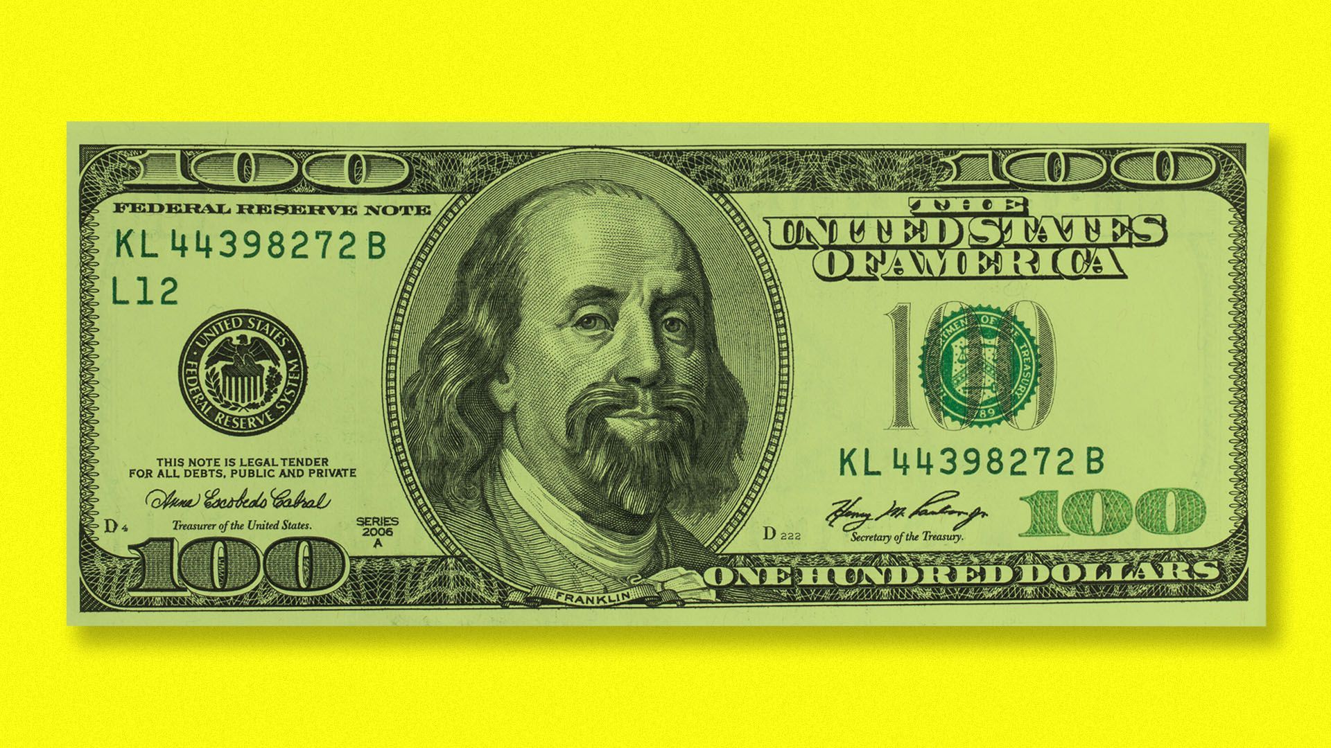 Illustration of a hundred dollar bill featuring Benjamin Franklin in a goatee