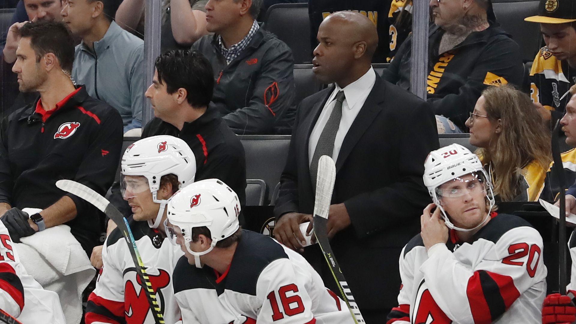 New Jersey Devils assistant coach Mike Grier during a preseason game.