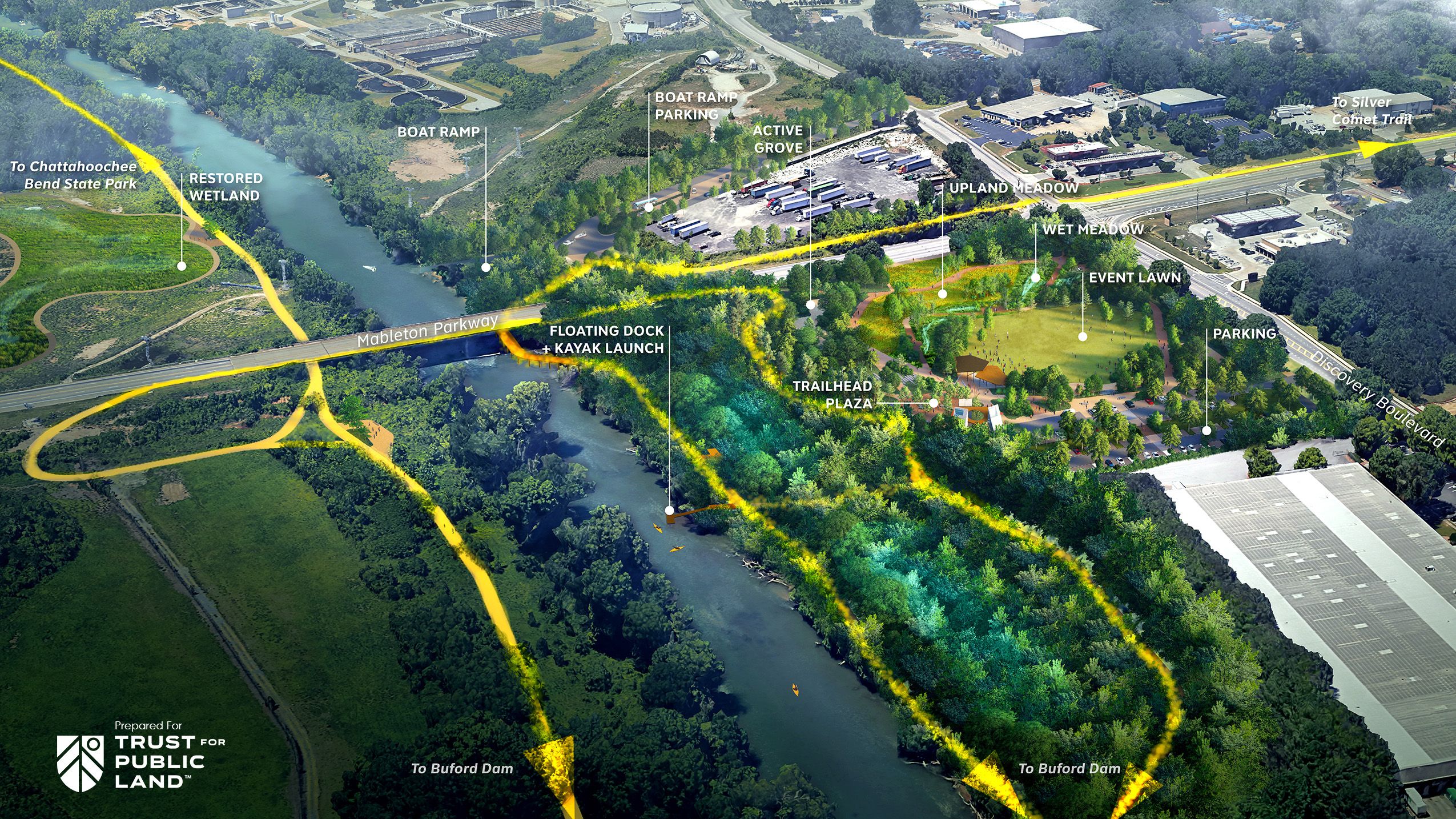An aerial rendering of the proposed regional trailhead park along the river with planned bike paths marked in yellow