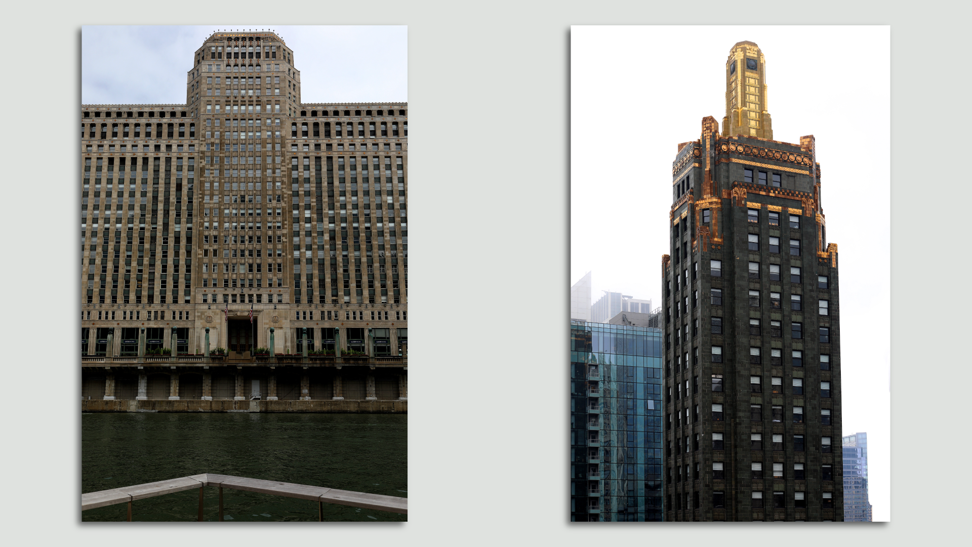 Photos of buildings side by side. 