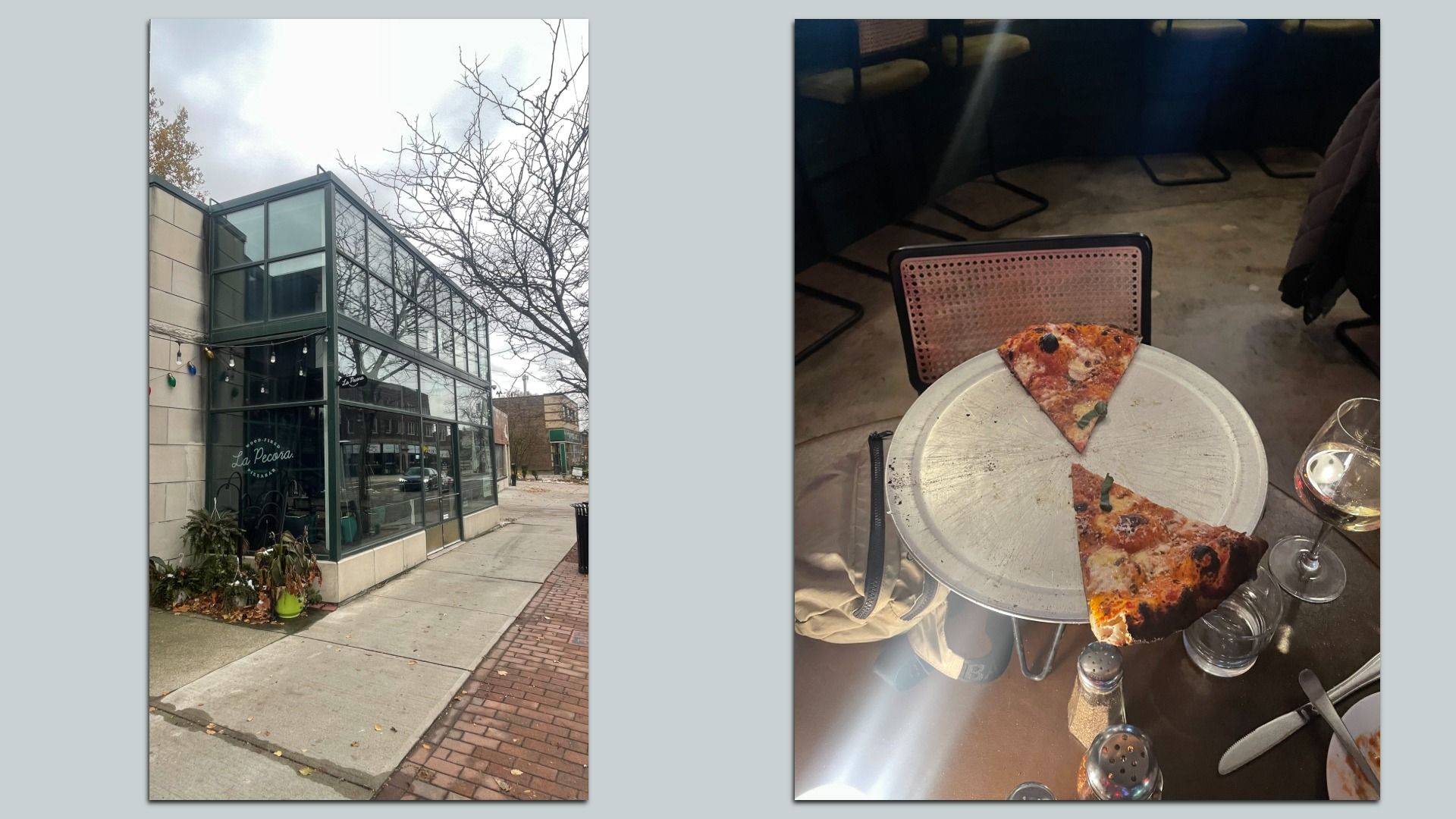 Exterior of La Pecora restaurant with glass windows and string lights on a cloudy day; inside, two slices of pizza on a silver tray with a glass of white wine, salt, and pepper shakers.