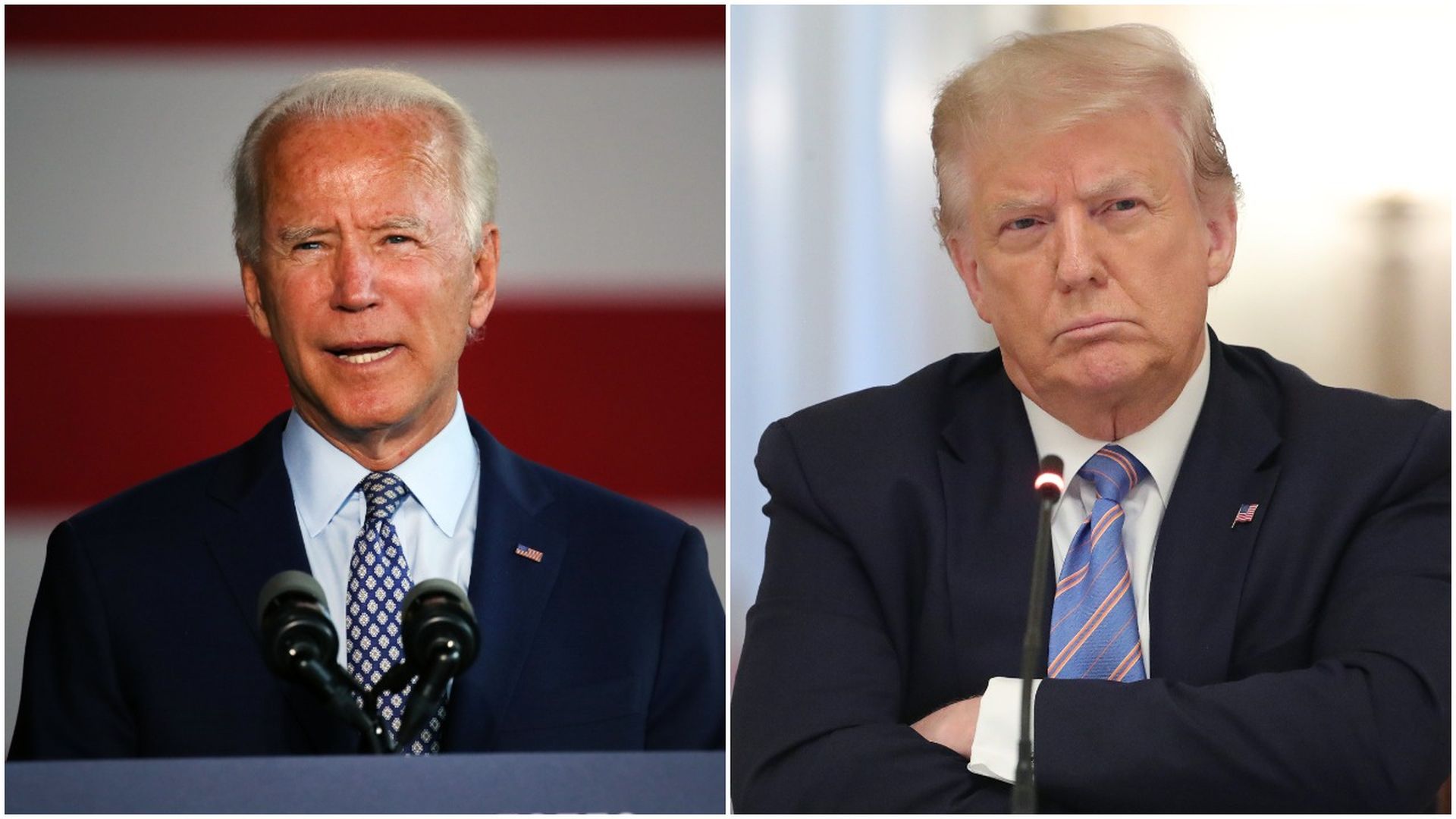 Joe Biden speaking at a podium as another photo shows President Trump with his arms crossed