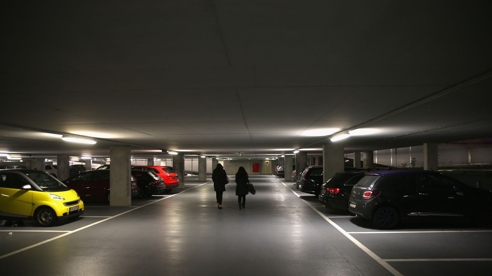 Inside of a parking garage.