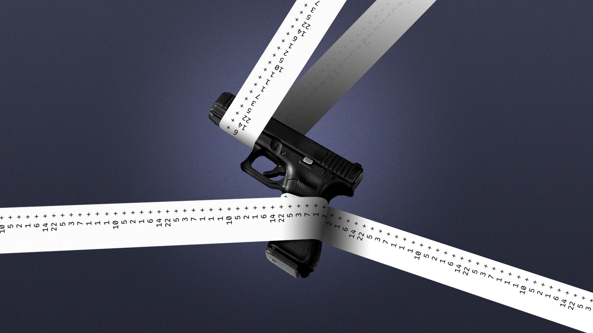 Illustration of a handgun tangled and strung up by calculator tape with numbers printed