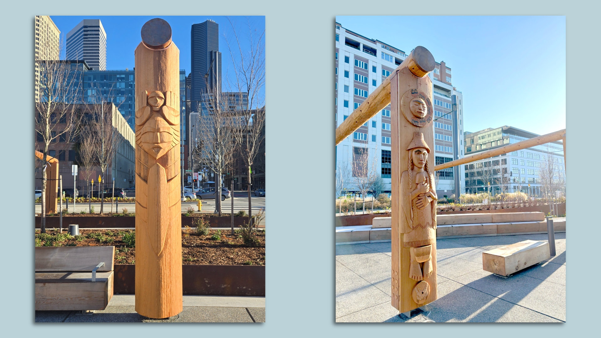 The two cedar carvings are part of a new art display stretching from Columbia to Spring streets.