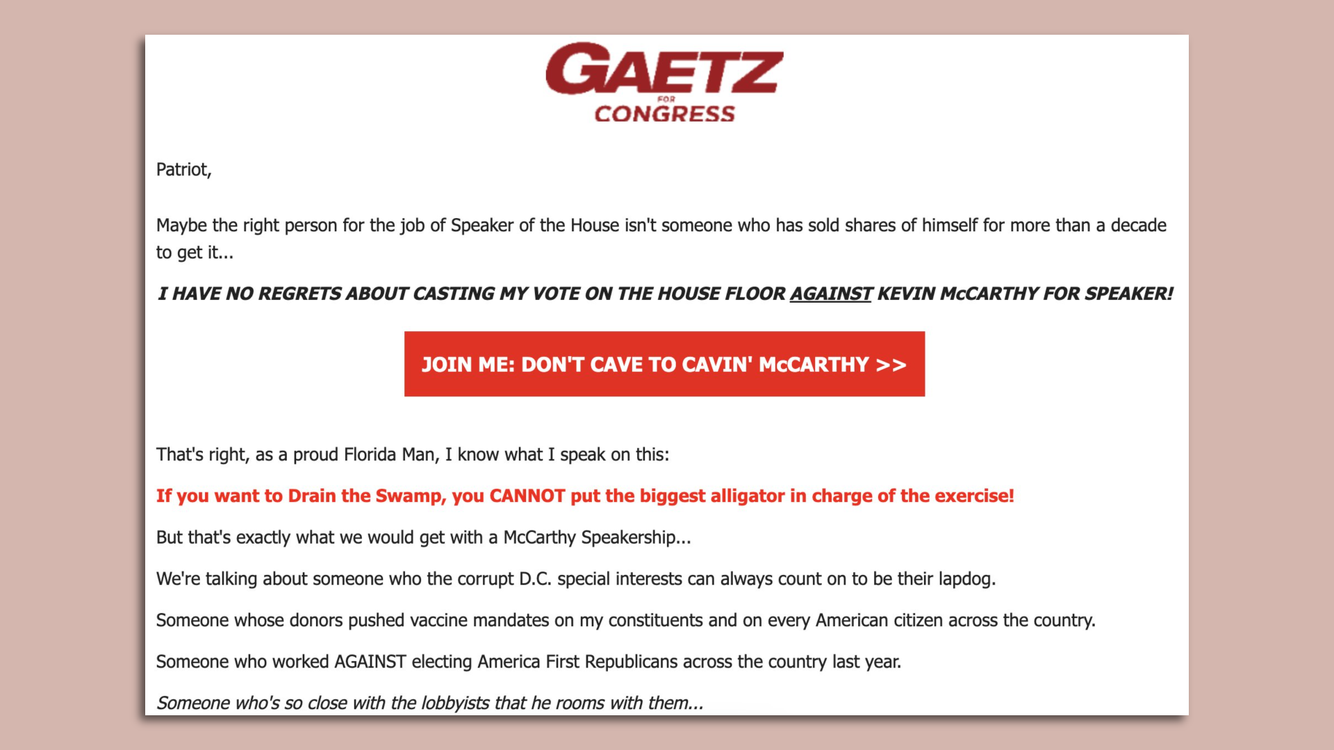 Gaetz fundraising email