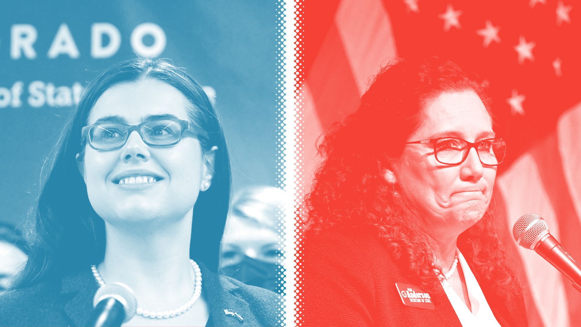 Photo illustration of Colorado Secretary of State Jena Griswold and Pam Anderson