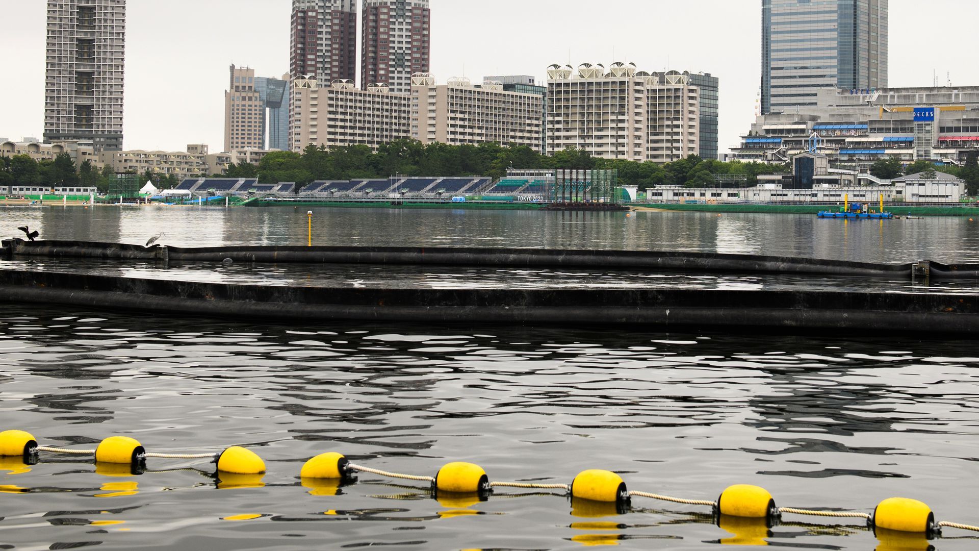 Picture of the Tokyo Bay, some yellow buoys are seen on the water