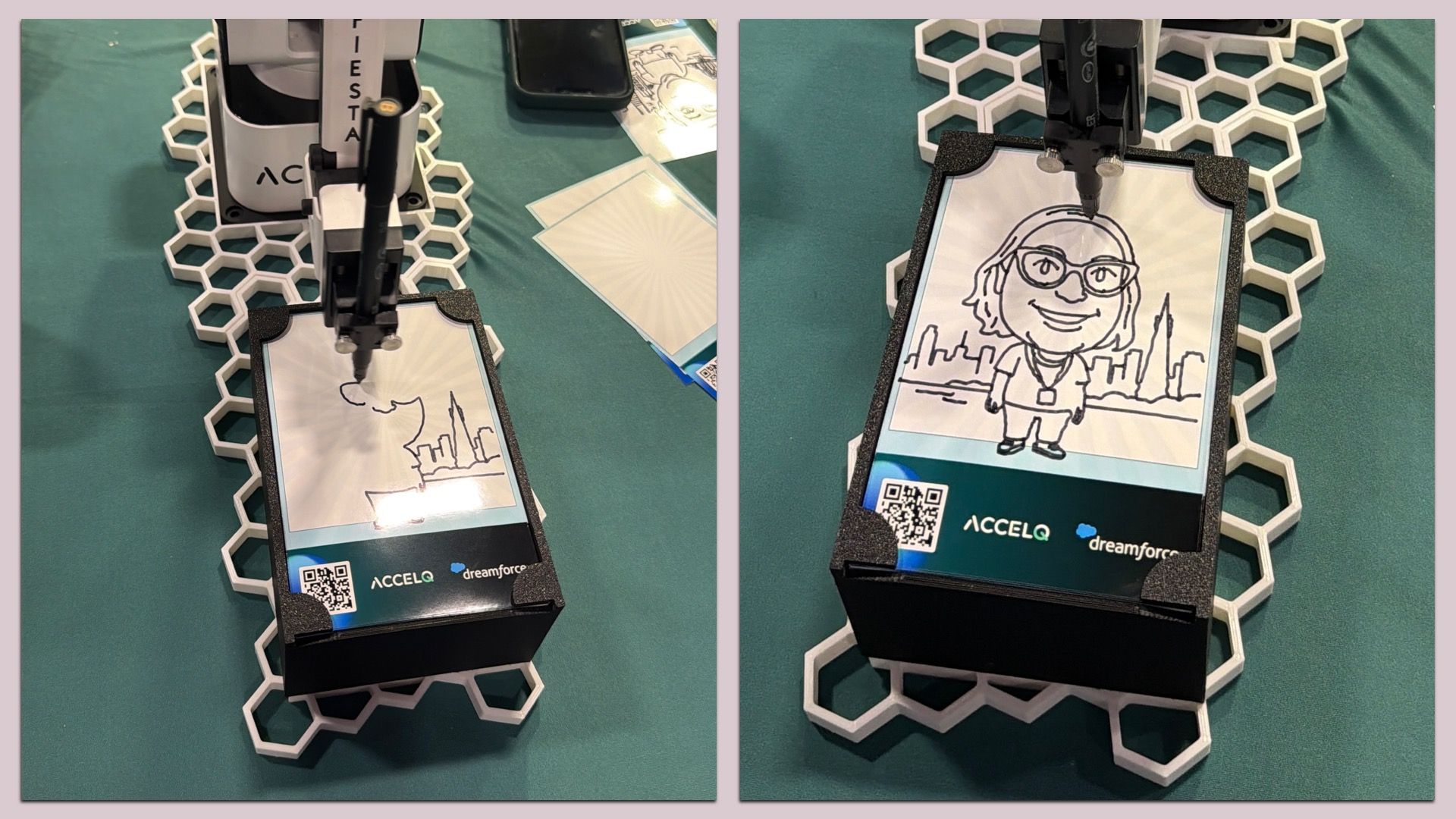 Two images show a robotic drawing device sketching on a small card. Left: partial city skyline; right: finished caricature of a smiling person with glasses, on a teal table with hex grids.