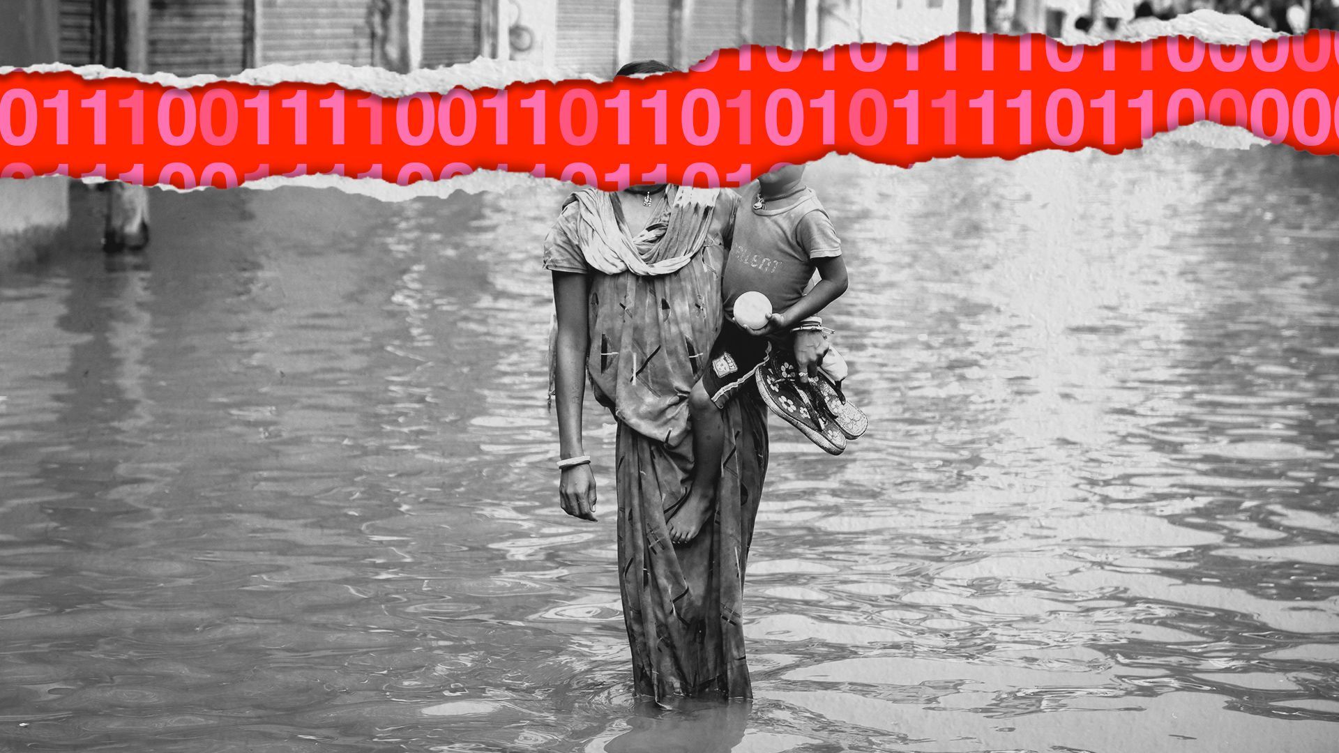 Photo illustration of a woman and her child in a flooded town with a tear revealing binary code