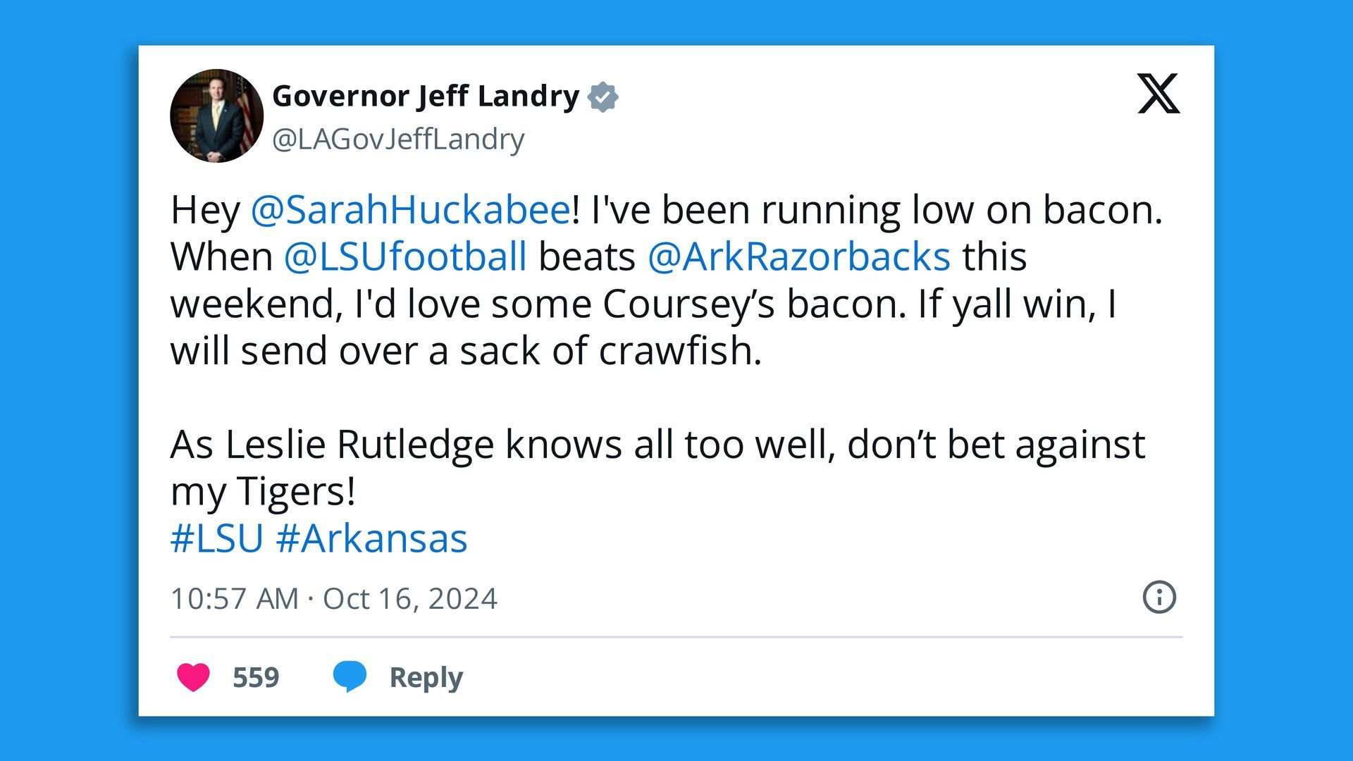 A tweet from Gov. Jeff Landry of Louisiana.