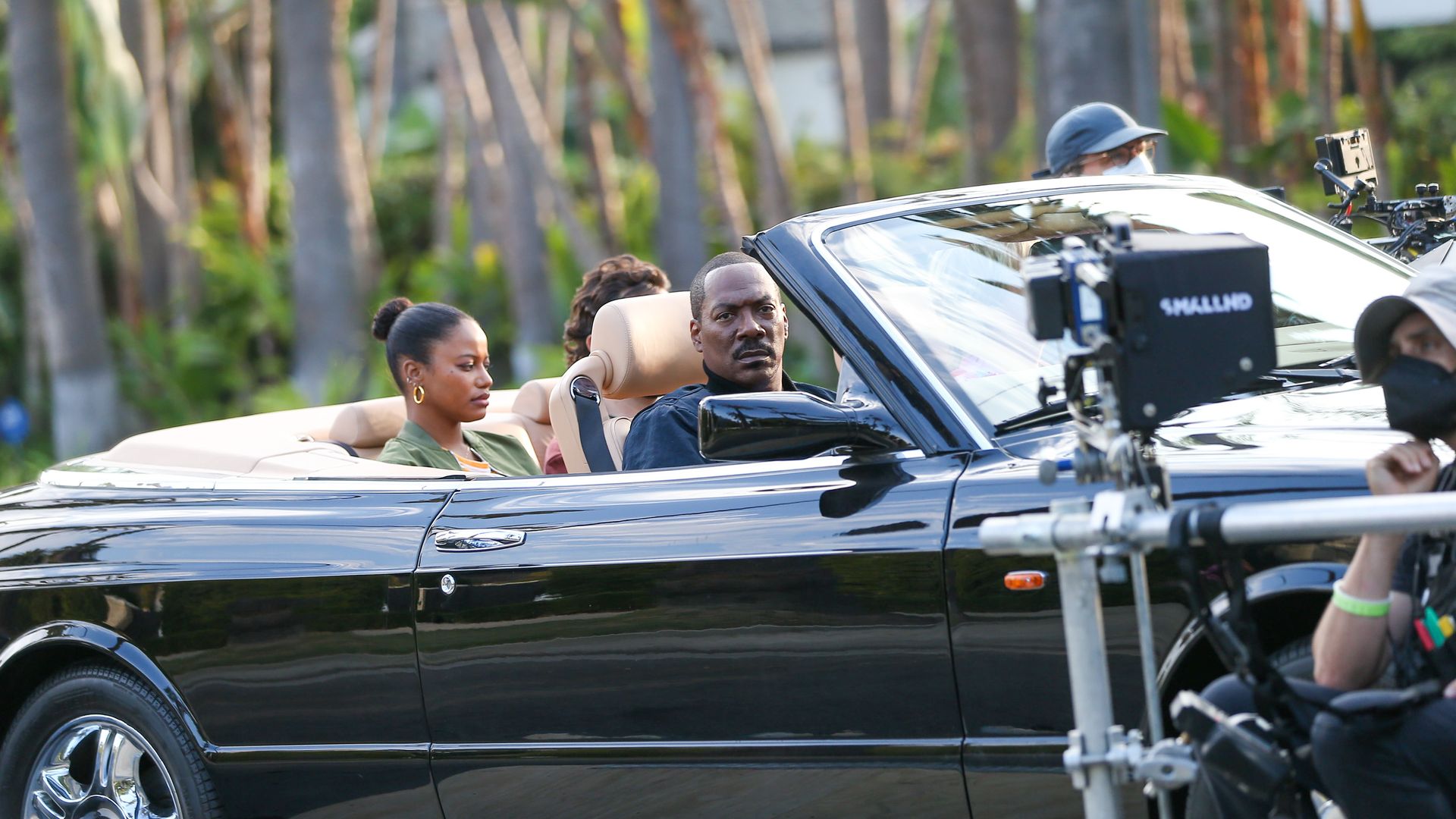 Eddie Murphy in a convertible filming scenes for the new Beverly Hills Cop movie