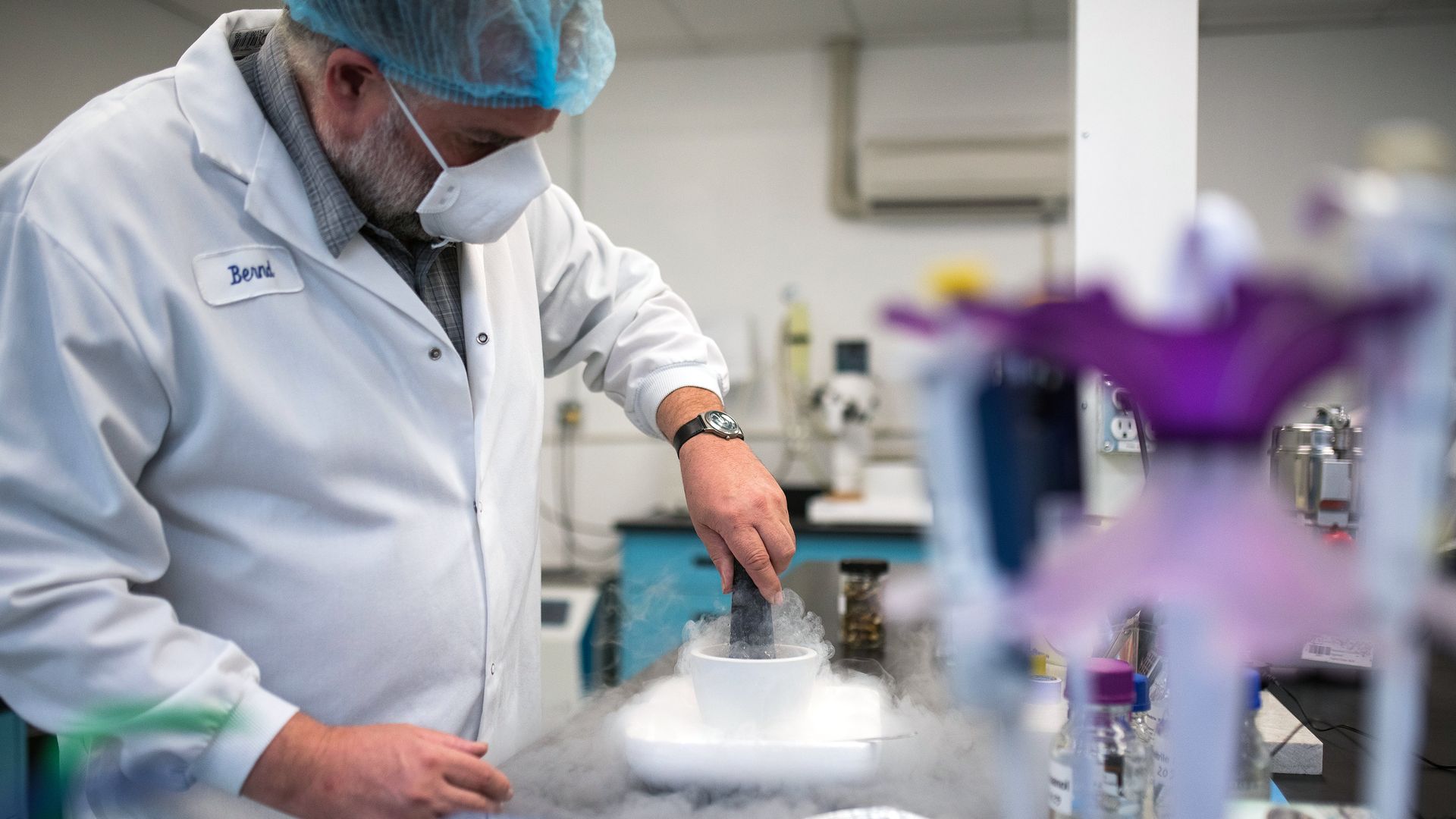 Psilocybe mushrooms are shock frozen in liquid nitrogen at the Numinus Bioscience lab in Nanaimo, British Columbia, Canada, on Wednesday, Sept. 1, 2021.