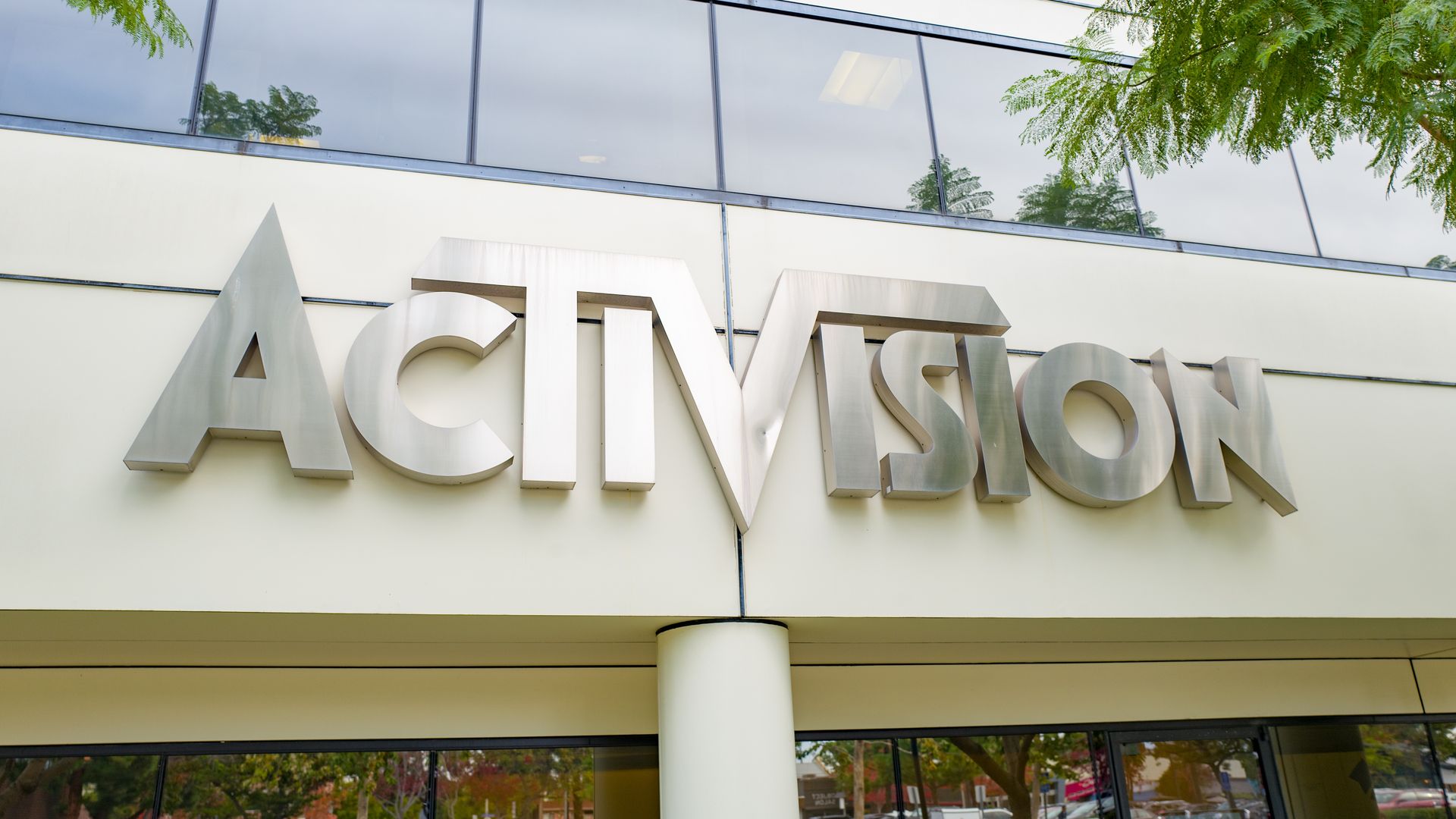 Photo of the facade of an office building. The Activision logo is on the exterior