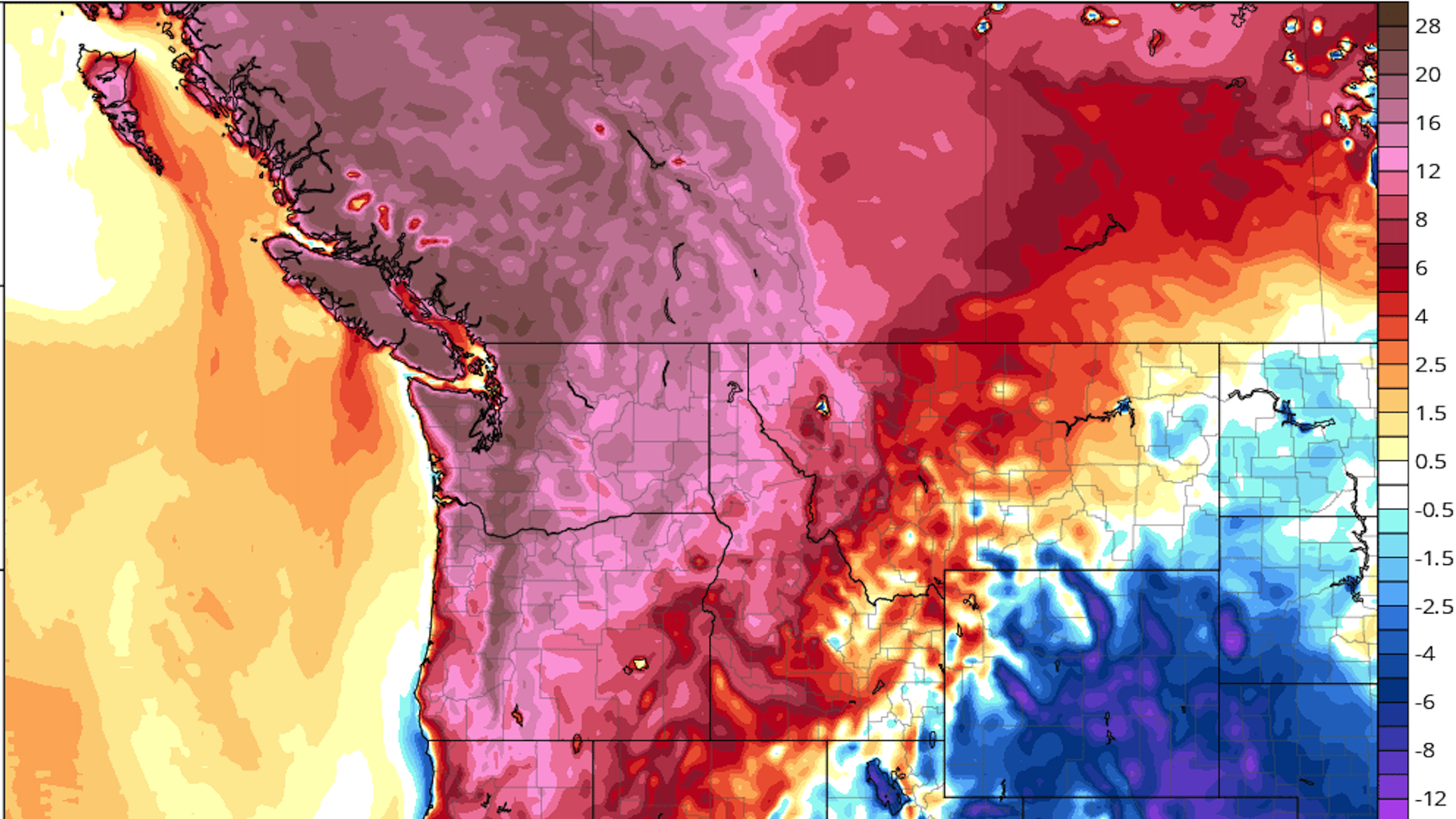 Map showing temperature departures from average on Monday, June 28, 2021. 