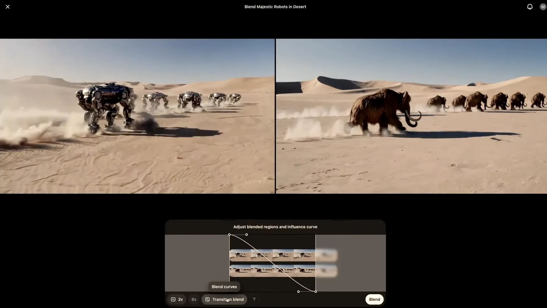 OpenAI demos a Sora video transformation of charging robots in a desert into wooly mammoths. Image: OpenAI