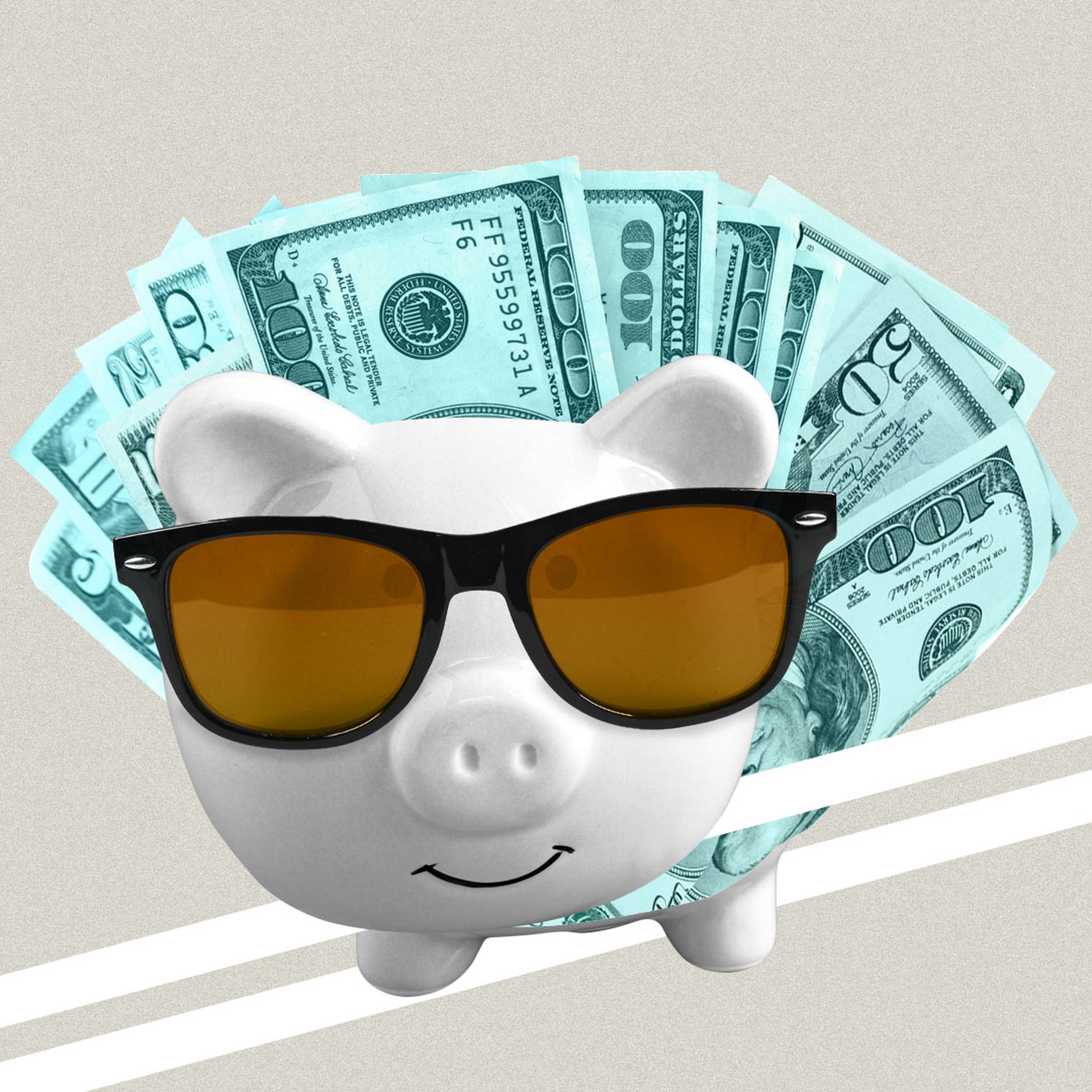 Illustration of piggy bank with sunglasses. Dollar bills sticking out of the piggy bank.