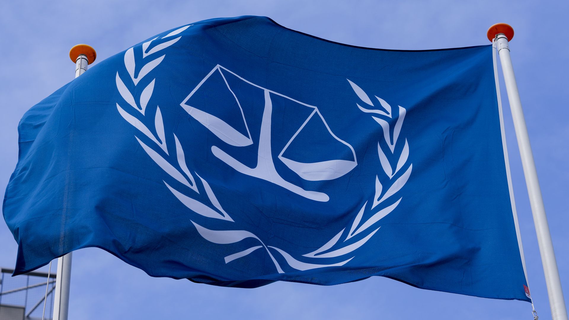 A flag with the logo of the International Criminal Court in March 2022 in Den Haag, Netherlands.