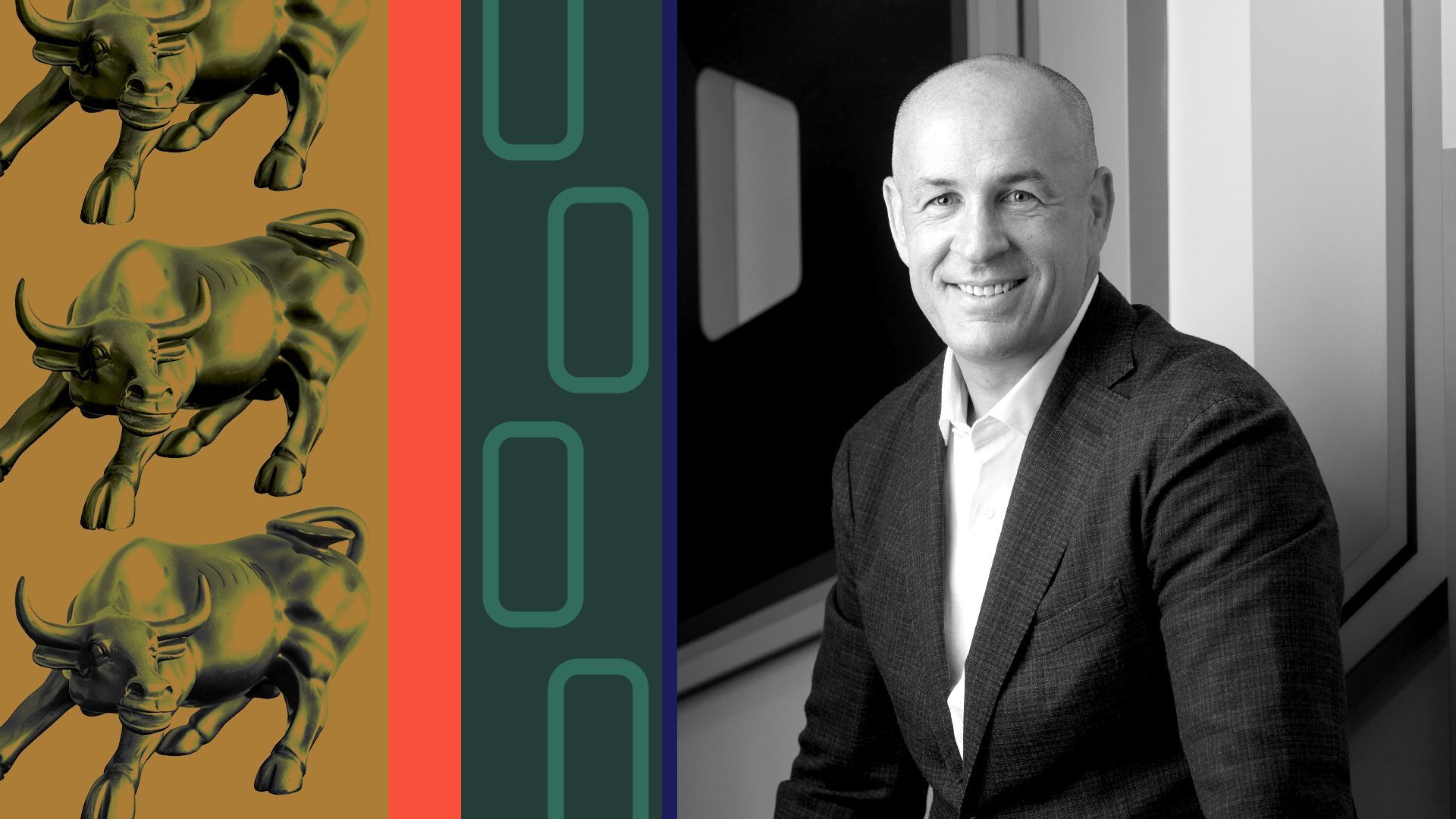 Photo illustration of Bill Capuzzi with geometric shapes and the Wall St. bull.