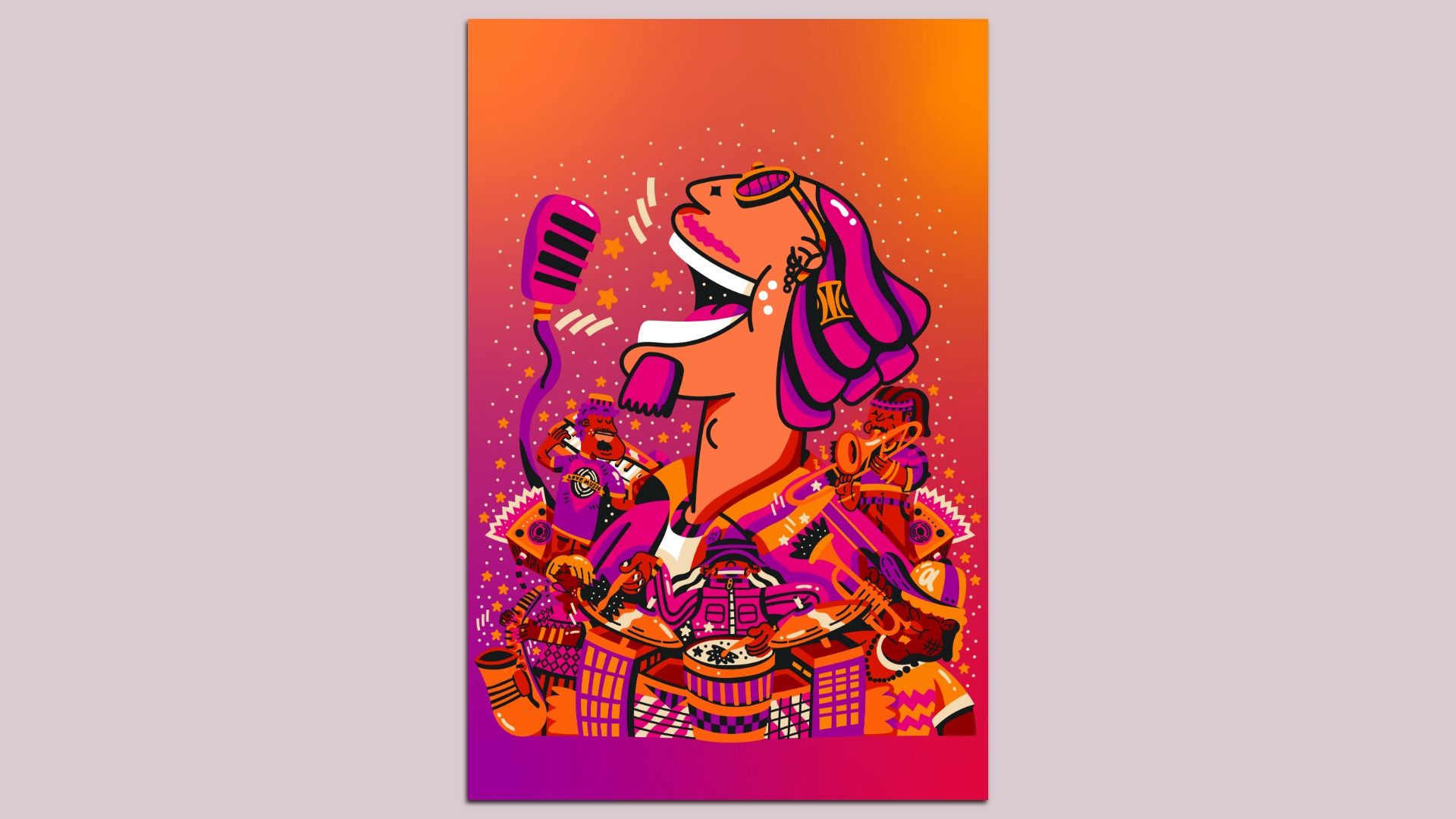 Cartoon poster of a lively singer with an oversized mouth, pink sunglasses, and a vintage pink microphone on a gradient orange-pink background. Surrounded by mini musicians and festive shapes.