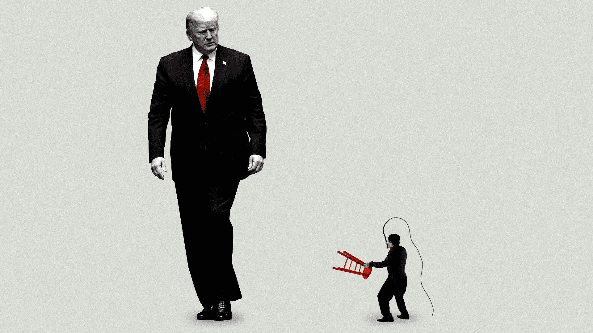 Trump standing very tall next to a shrunken depiction of a man holding a whip.