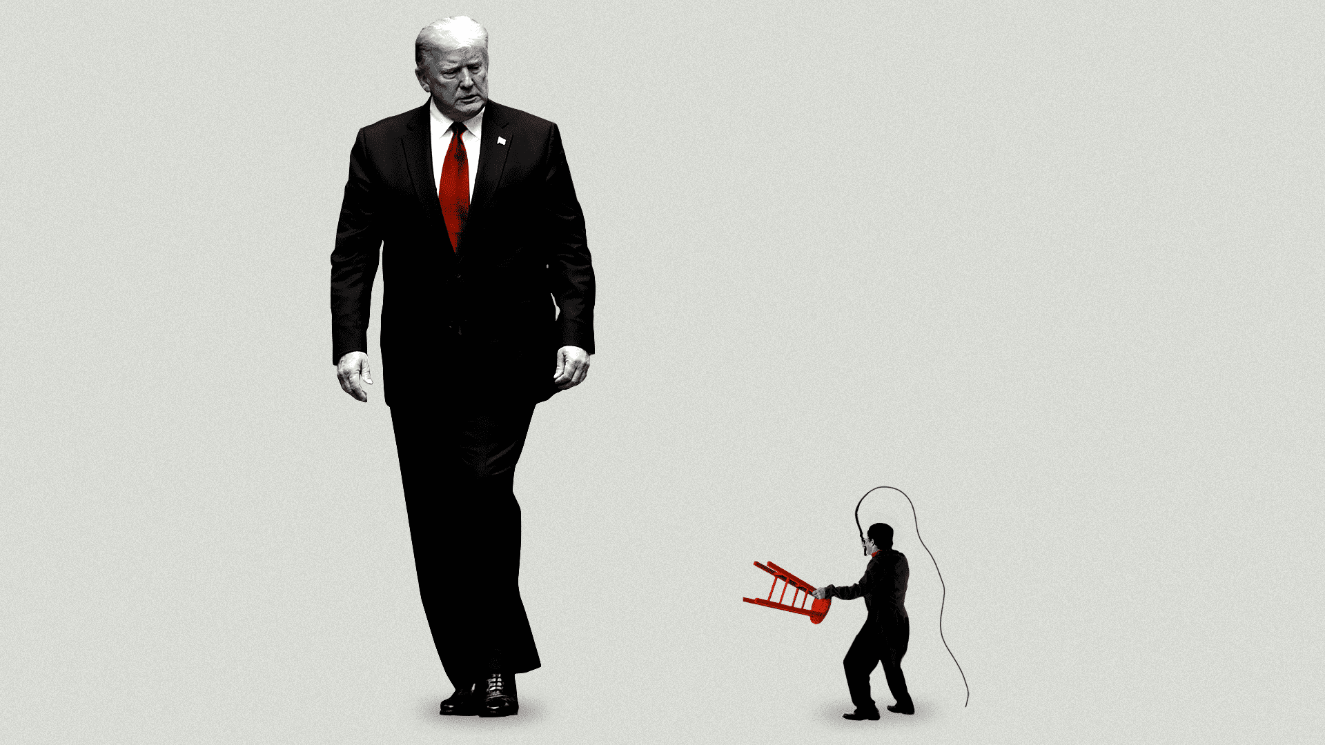 Donald Trump standing very tall next to a shrunken depiction of a man holding a whip and a stool.