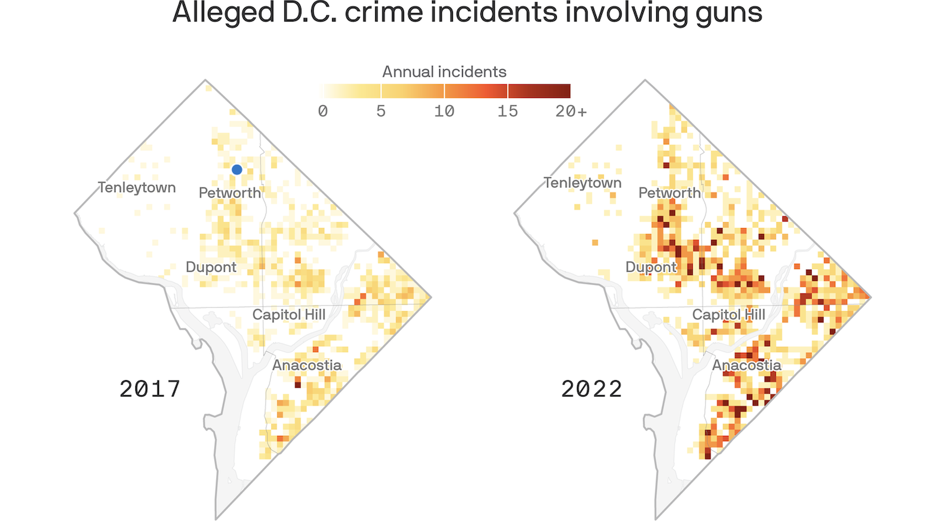 Two maps showing the locations of alleged gun violence crimes in D.C. in 2017 and 2022.
