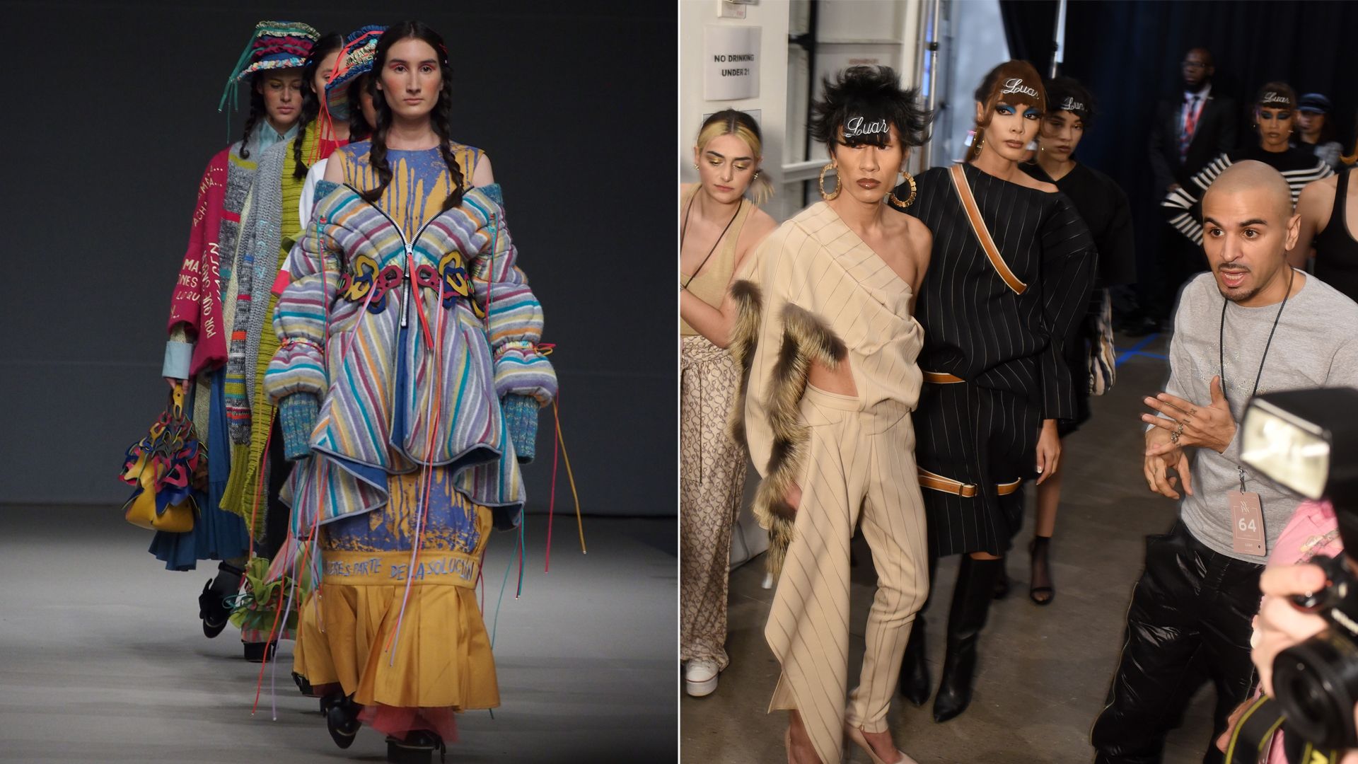 Two side-by-side photos show, on the left, models walking a fashion show in bright colored clothing. on the right, models near fashion designer 