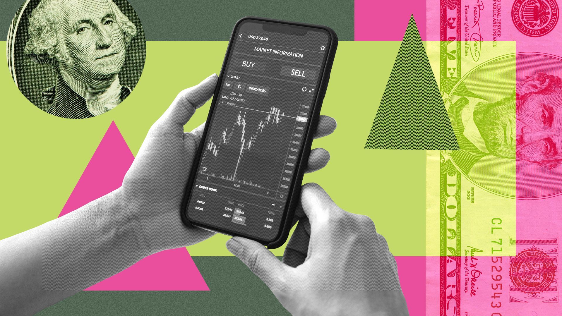 Illustration of a hand holding a cell phone displaying an investment screen with money shapes and textures surrounding them
