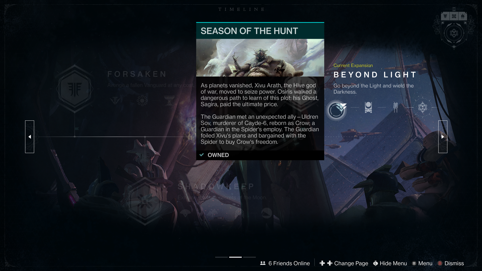 Video game screenshot showing an event timeline and descriptions of what happened in the game for each node