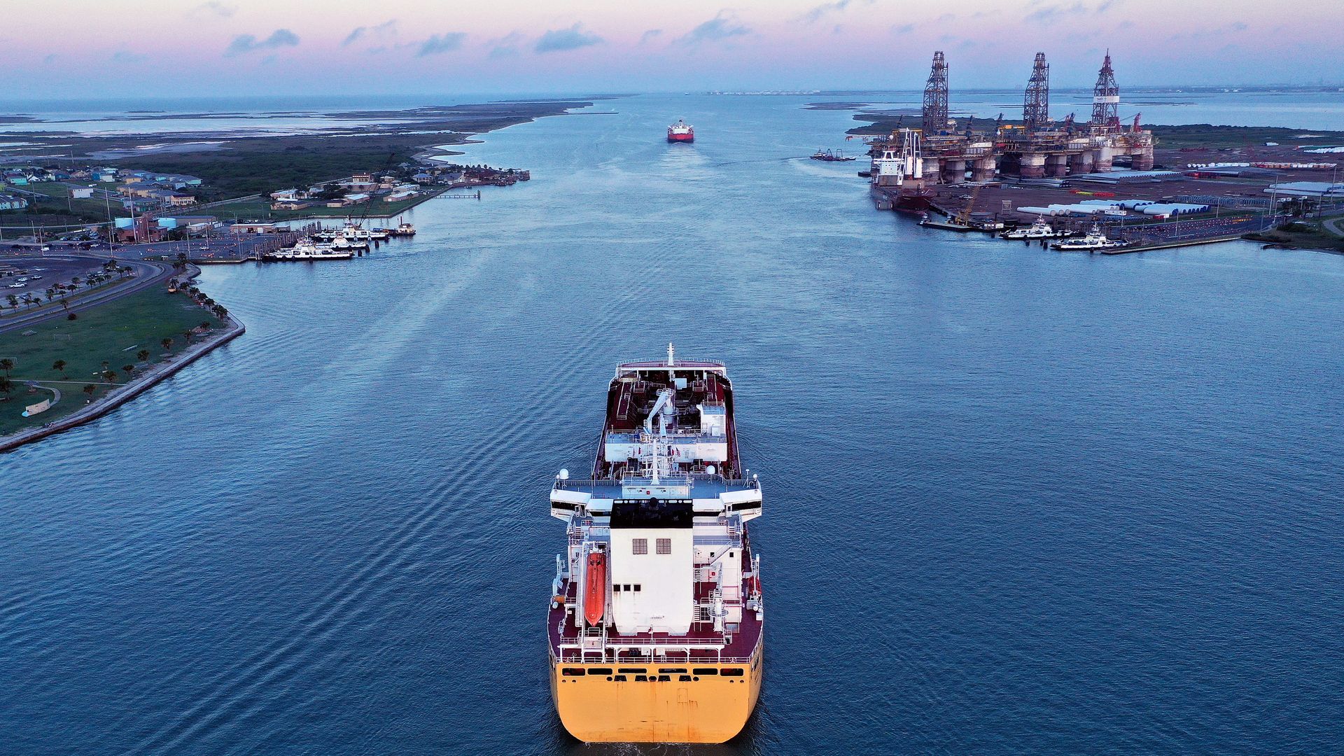 A petroleum tanker ship passes through the Aransas Channel from the Gulf of Mexico en route to the Port of Corpus Christi on May 27, 2020 in Port Aransas, Texas.